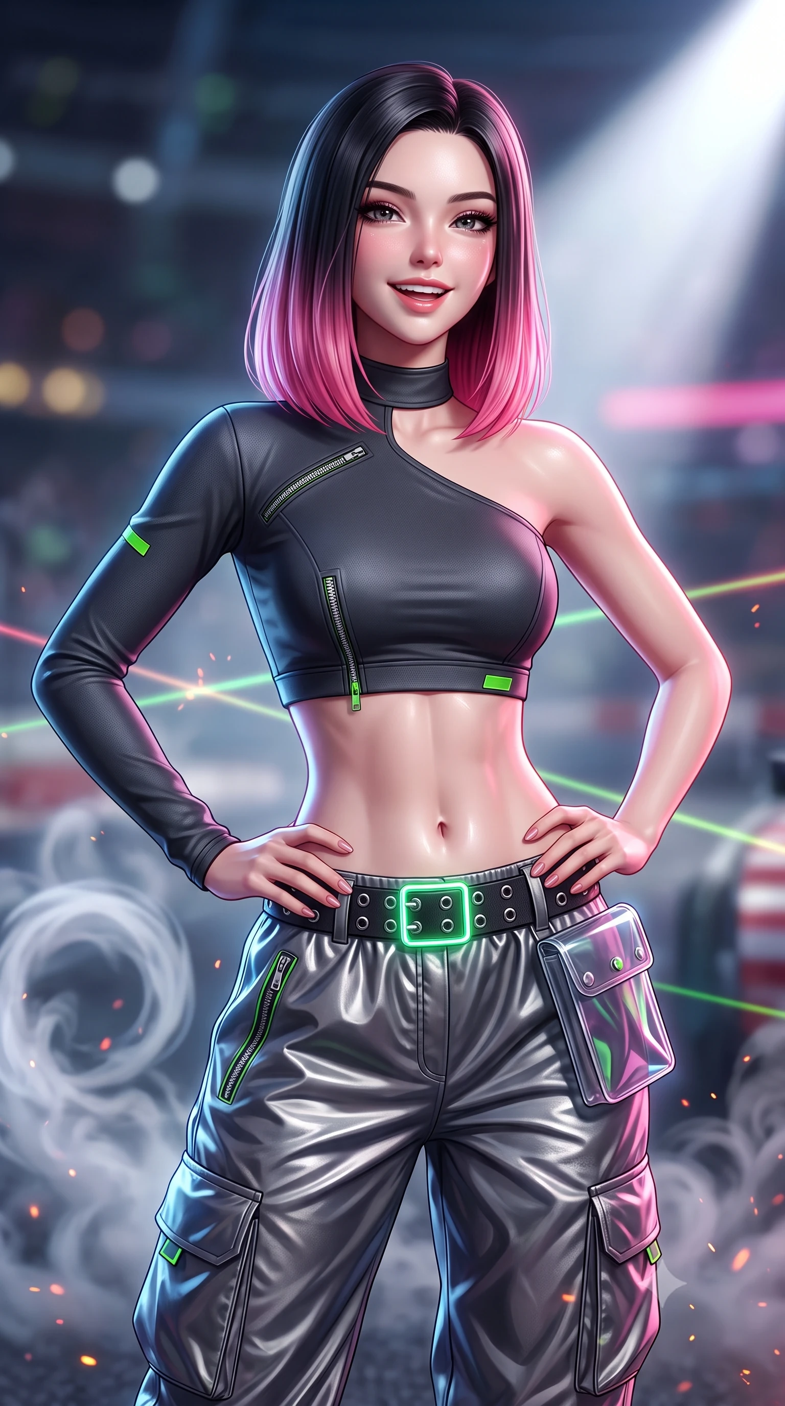 score_9, masterpiece, best quality, ultra-detailed, high-budget anime keyframe, semi-realistic 3D game render, editorial fashion photography, tasteful artistic composition, Korean woman. close-up cowboy shot from the waist and thighs up, the character dominates the composition, filling the frame with her large presence. laughing softly with enchanting, forbidden warmth, parted lips glistening as specular highlights illuminate her sculpted cheeks while twisting her athletic torso in an alluring S-curve while resting both hands on her hips, looking past the camera with fearless allure. The composition keeps background elements in soft focus with creamy bokeh. swirling smoke rings and burning rubber particulate catching laser beam motes across the circuit. She has an exceptionally elegant, slender, and willowy female figure with an ultra-slim waist, a gracefully sculpted slender torso, toned flat midriff, and a refined slim silhouette. sharp v-shaped jawline, high-bridge nose, intricate jewel-like eyes with depth, thick eyelashes, glossy parted lips with a natural sheen, intensely captivating and seductive expression, flawlessly proportioned anatomical accuracy, strict slender model proportions, natural body alignment, perfectly sculpted long slender limbs, ultra-slim waistline, clean dynamic posture without body distortion. wearing an asymmetric single-sleeve moto crop top paired with baggy metallic parachute trousers and grommet belt in dark carbon grey and laser green accents, made of durable ripstop technical nylon with metallic zipper teeth, complemented by a neon LED belt buckle and translucent vinyl tool pouch, the glove-like aerodynamic second-skin fit tightly clinging to her ultra-slender waist and athletic curves without adding bulk, accentuating her razor-sharp statuesque lines and slim hourglass silhouette. bathed in dynamic color-shifting LED race lights and sweeping white spotlight fill. highly saturated vibrant anime colors, detailed shading with soft gradients, rich glossy textures, high-contrast stereoscopic depth, volumetric dynamic lighting, master piece, 9:16 ratio