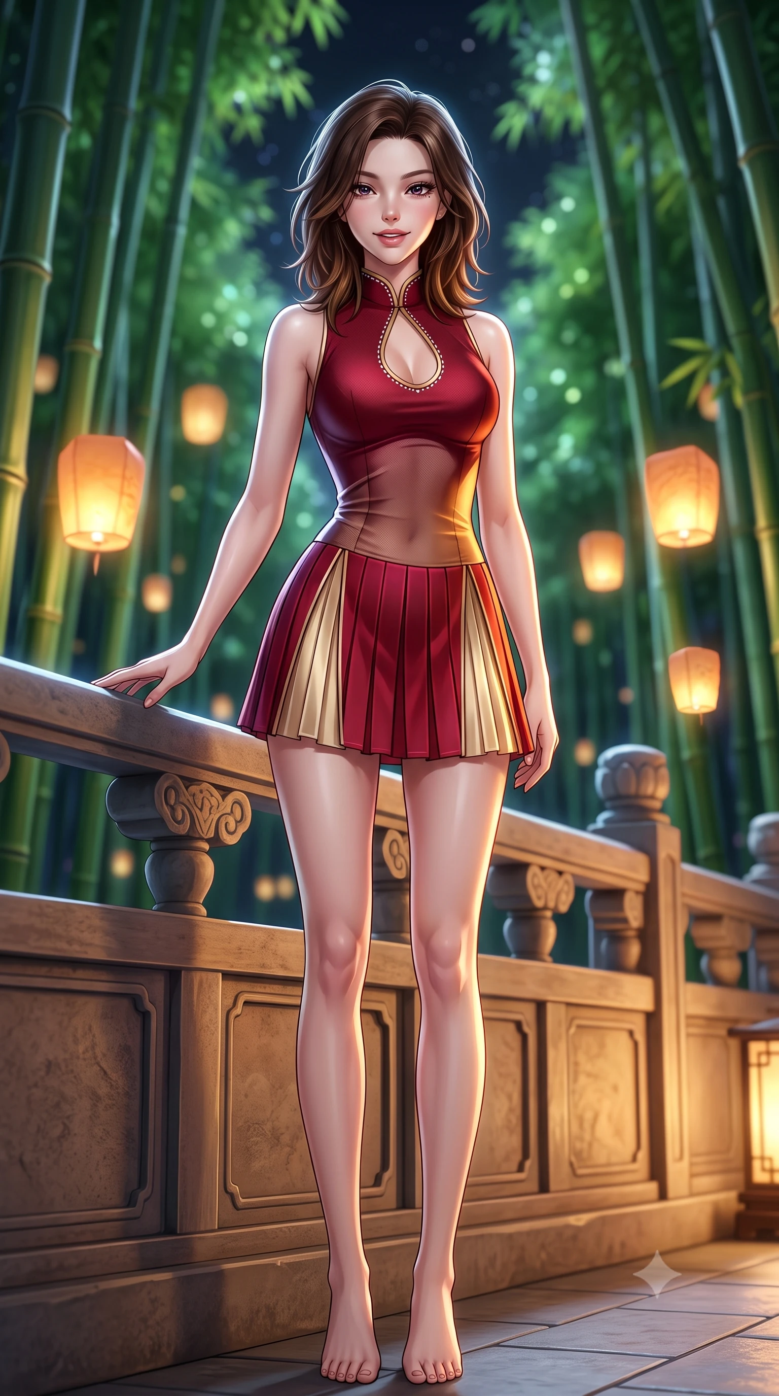 score_9, masterpiece, best quality, ultra-detailed, high-budget anime keyframe, semi-realistic 3D game render, editorial fashion photography, tasteful artistic composition, Korean woman. low angle full-body shot from head to toe showing her feet, filling the entire 9:16 vertical frame with her statuesque presence, stretching her vertical silhouette. standing in a tall, confident posture with one hand on the carved palace railing, stretching her statuesque body as she arches her lower back to emphasize her sculpted feminine hips and slender waist while twisting her slender torso in an alluring S-curve, floating holographic paper lanterns casting warm amber glow across her narrow waist and hips. The background shows a soft-focus soaring emerald green bamboo groves reaching toward the midnight sky blurred into jade, chartreuse, and deep starlight bokeh. She has an absolutely perfect, statuesque 8.5-heads proportion, an exceptionally tall and slender model-like female figure with impossibly long slender legs, an ultra-slim waist, a flat toned midriff, narrow delicate ribcage, and beautifully sculpted feminine hips creating a graceful, slim hourglass silhouette without any bulky heaviness. sharp v-shaped jawline, high-bridge nose, intricate jewel-like dark sparkling almond eyes with depth, thick lashes, glossy parted lips with a natural rose-plum sheen, bright alluring and coquettish smile with bedroom-eyes, exuding both timeless oriental elegance and sovereign high-fashion allure, flawlessly proportioned anatomical accuracy, strict slender model proportions, natural body alignment, perfectly sculpted long slender limbs, ultra-slim waistline, clean dynamic posture without body distortion. wearing a sleeveless modern qipao top with an elegant teardrop chest keyhole cutout paired with a curve-hugging pleated mini skirt in royal crimson red and lustrous champagne gold, made of sheer technical micro-mesh with contouring shadow effects, finished with subtle crystal rhinestones tracing the elegant neckline, the form-contouring cut accentuating her sculpted flat midriff, narrow delicate ribcage, and gracefully curvy hips with regal oriental supermodel elegance. illuminated by ground stone lantern bounce and sharp silver rim lights carving her sculpted collarbones, ultra-slim waist, and curvy hips. highly saturated vibrant anime colors, detailed shading with soft gradients, rich glossy textures, high-contrast stereoscopic depth, volumetric dynamic lighting, master piece, 9:16 ratio