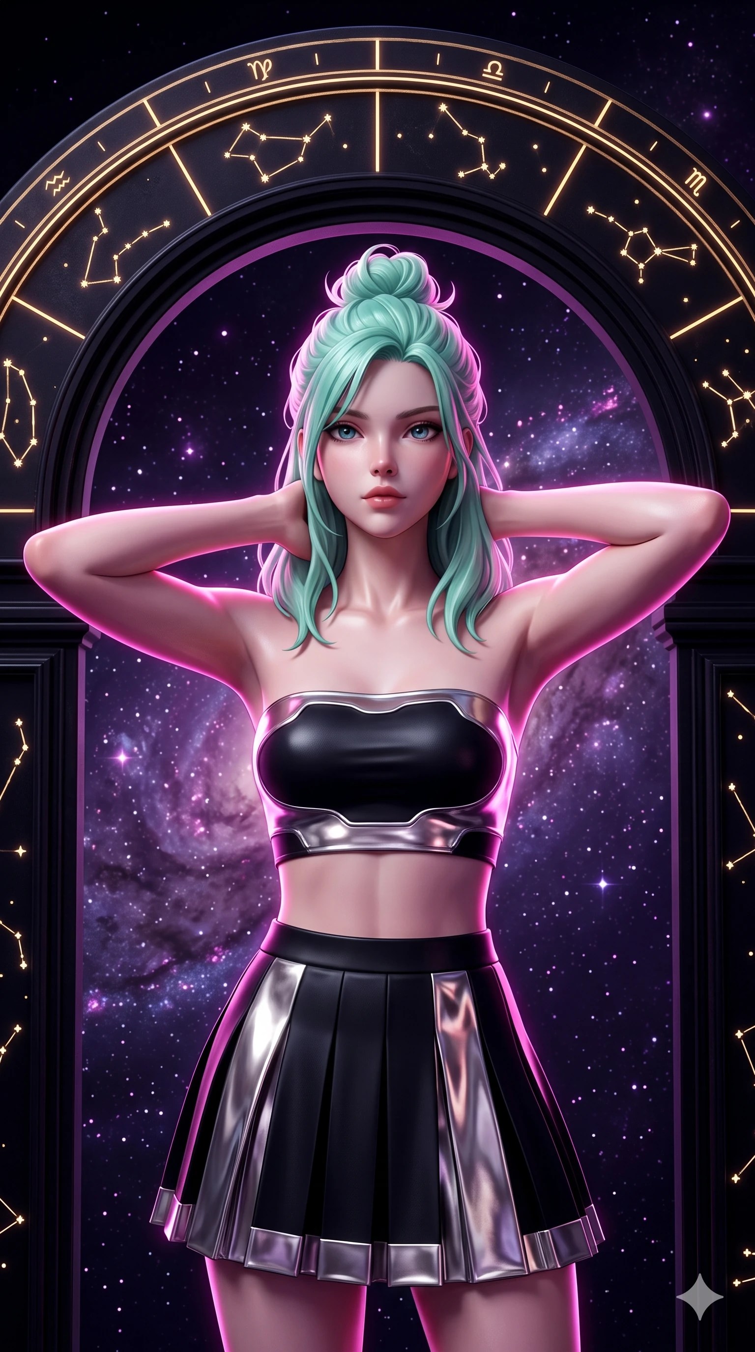 score_9, masterpiece, best quality, ultra-detailed, high-budget anime keyframe, semi-realistic 3D game render, editorial fashion photography, tasteful artistic composition, Japanese woman. close-up cowboy shot from the waist and thighs up, the character dominates the composition, filling the frame with her large presence. resting both hands lightly behind her neck with elbows raised, arching her spine to highlight her narrow waist, flat midriff, and breathtaking collarbones while leaning against the celestial meridian arch with hips cocked back, looking through floating zodiac dust into the purple galactic core with smoldering bedroom-eyes. The surrounding environment is rendered in vivid detail and crisp panoramic clarity: sharp engraved gold astrological symbols on obsidian disc, razor-sharp star points, and crystalline ring edges in deep focus. She has an exceptionally elegant, slender, and willowy female figure with an ultra-slim waist, flat toned midriff, narrow ribcage, and sculpted feminine hips creating an alluring, slim hourglass silhouette without bulk. sharp v-shaped jawline, high-bridge nose, intricate jewel-like sparkling eyes with depth, thick eyelashes, glossy parted lips with a natural peach sheen, bright cheerful beaming smile with an enchanting and coquettish sensual glint, exuding both youthful cute charm and seductive allure, flawlessly proportioned anatomical accuracy, strict slender model proportions, natural body alignment, perfectly sculpted long slender limbs, ultra-slim waistline, clean dynamic posture without body distortion. wearing an ultra-cropped fitted bandeau top paired with a micro mini tennis skirt revealing her flat toned midriff in deep obsidian black and liquid molten platinum, woven from buttery-soft stretch lambskin leather adhering to her body like a second skin, finished with sleek magnetic buckle closures fluttering in the breeze, the precision-cut side openings and low-back scoop framing her graceful spine and the sensual sweep of her slim, toned hips. illuminated by zodiac disc reflection bounce and sharp nebula-magenta rim lights sculpting her jawline, narrow waist, and curvy hips. highly saturated vibrant anime colors, detailed shading with soft gradients, rich glossy textures, high-contrast stereoscopic depth, volumetric dynamic lighting, master piece, 9:16 ratio