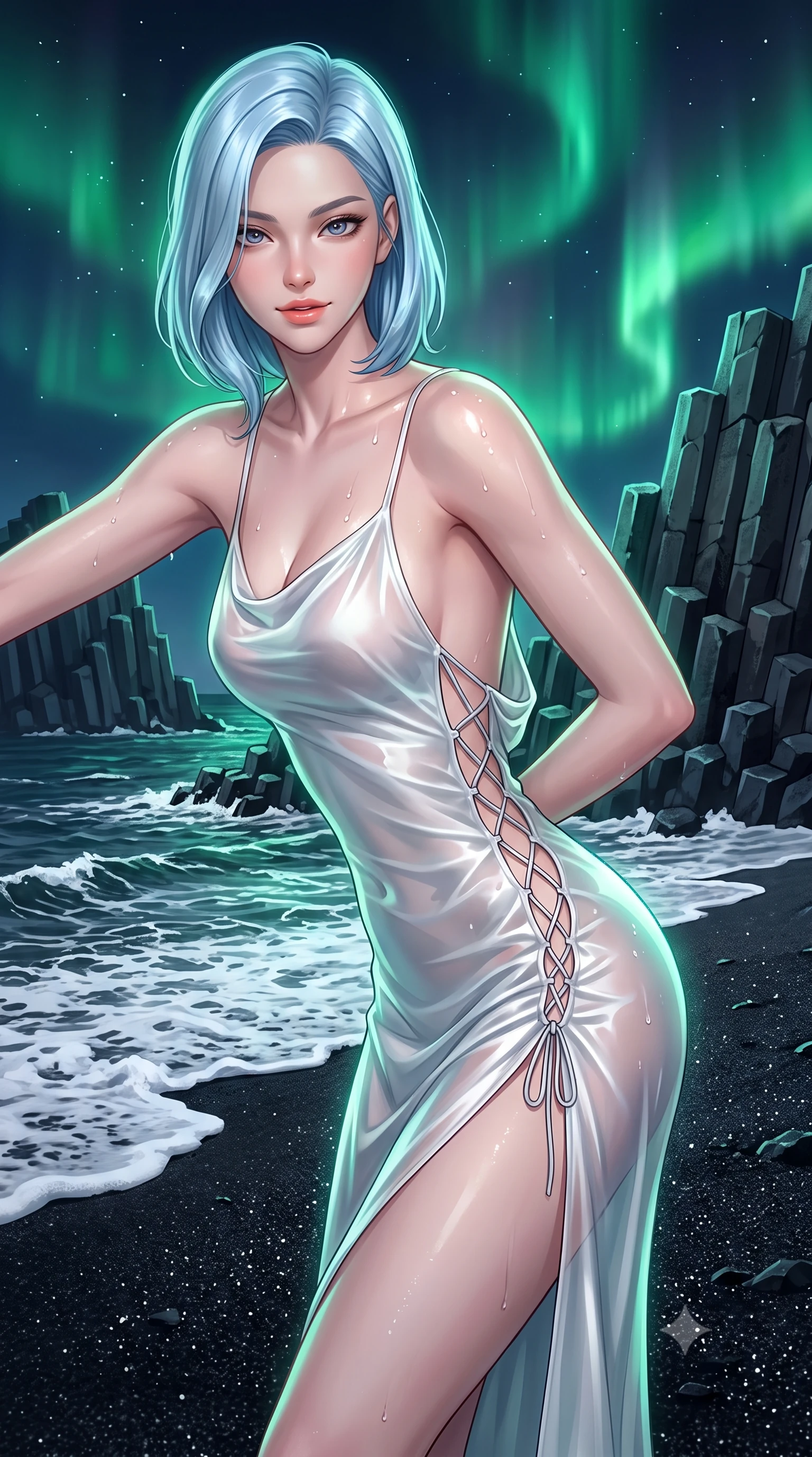 score_9, masterpiece, best quality, ultra-detailed, high-budget anime keyframe, editorial fashion photography, tasteful artistic composition, Korean woman. close-up cowboy shot from the waist and thighs up, the character dominates the composition, filling the frame with her large presence. leaning forward while arching her lower back to accentuate her curvy hips, looking into the camera with an intoxicating smoldering gaze and bedroom-eyes while twisting her slender torso in an alluring contrapposto stance on the obsidian sand, ethereal green auroral glows tracing her narrow waist and curvy hips. The surrounding environment is rendered in vivid detail and crisp panoramic clarity: sharp hexagonal basalt prism edges, fine jet-black volcanic basalt sand granules, and foaming white wave foam crests in deep focus. She has an exceptionally elegant, slender, and willowy female figure with an ultra-slim waist, flat toned midriff, narrow ribcage, and sculpted feminine hips creating an alluring, slim hourglass silhouette without bulk. sharp v-shaped jawline, high-bridge nose, intricate jewel-like sparkling eyes with depth, thick eyelashes, glossy parted lips with a natural peach sheen, bright cheerful beaming smile with an enchanting and coquettish sensual glint, exuding both youthful cute charm and seductive allure, flawlessly proportioned anatomical accuracy, strict slender model proportions, natural body alignment, perfectly sculpted long slender limbs, ultra-slim waistline, clean dynamic posture without body distortion. wearing a form-contouring gossamer silk chiffon slip dress with a hip-high slit and open cowl back clinging with dewy moisture in pure translucent crystal white and liquid platinum, crafted from fluid liquid silk satin that clings smoothly to her narrow waist and rounded hips with a dewy sheen, featuring fine criss-cross lace-up side ties revealing tantalizing glimpses of her hip curve, the impeccably tailored cut draping gracefully along her slender figure with aristocratic poise. illuminated by wet black sand reflection sheen and sharp emerald-platinum rim lights defining her dewy collarbones, ultra-slim waist, and curvy hips. ultra-reflective glossy finish, specular highlights, rich textural contrasts, high-contrast stereoscopic depth, volumetric dynamic lighting, 2k, ultra detail, master piece, 9:16 ratio