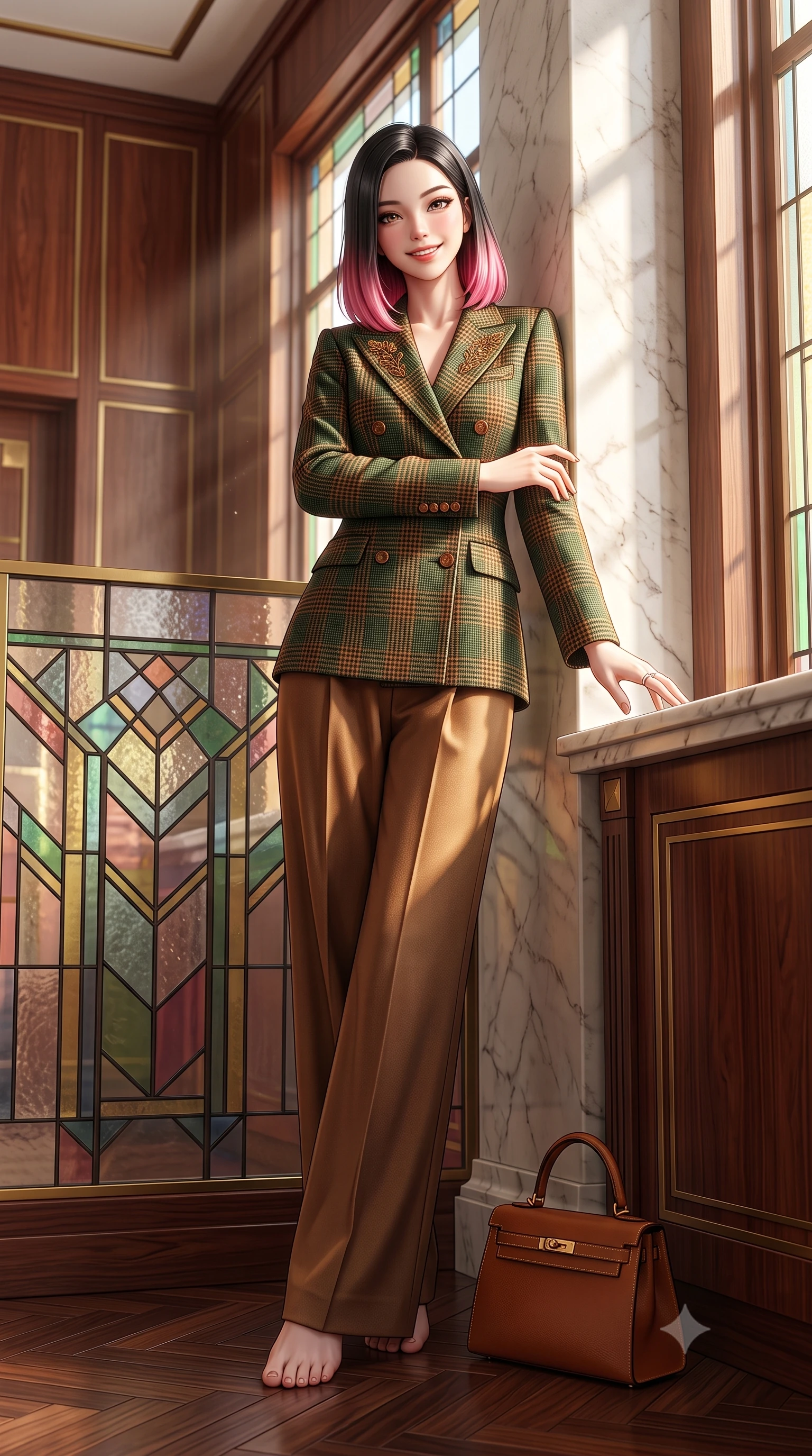 score_9, masterpiece, best quality, ultra-detailed, high-budget anime keyframe, semi-realistic 3D game render, editorial fashion photography, tasteful artistic composition, Korean woman. low angle full-body shot from head to toe showing her feet, filling the entire 9:16 vertical frame with her statuesque presence, stretching her vertical silhouette. leaning lightly against the sunlit architectural column with arms crossed loosely, flashing a warm, confident smile while standing beside the geometric stained-glass partition, one hand resting on the marble counter with chic modern-retro poise. The surrounding environment is rendered in vivid detail and crisp panoramic clarity: detailed embroidered wool blazer lapels, tailored cigarette trousers, and Taisho-modernist architectural craftsmanship in razor-sharp precision. She has an exceptionally tall and slender model-like 8.5-heads proportion, an ultra-slim waist, a flat toned midriff, narrow delicate ribcage, and beautifully sculpted feminine hips creating a graceful, slim hourglass silhouette without any bulky heaviness, with impossibly long slender legs. sharp v-shaped jawline, high-bridge nose, intricate jewel-like sparkling eyes with depth, thick eyelashes, glossy parted lips with a natural peach sheen, bright cheerful beaming smile with an enchanting and coquettish sensual glint, exuding both youthful cute charm and seductive allure, flawlessly proportioned anatomical accuracy, strict slender model proportions, natural body alignment, perfectly sculpted long slender limbs, ultra-slim waistline, clean dynamic posture without body distortion. wearing a double-breasted Prince of Wales check tailored wool blazer paired with high-waisted pleated wide-leg trousers in heritage British racing green and warm cognac brown, woven from fine Australian merino wool with a smooth fluid drape and subtle sheen, finished with a structured leather top-handle mini bag resting gracefully at her side, the sharp shoulder tailoring and gently nipped waist framing her slender torso with pristine sartorial perfection. illuminated by rosewood wall and brass reflection bounce with crisp champagne rim lights defining her cheekbones and slender waist. highly saturated vibrant anime colors, detailed shading with soft gradients, rich glossy textures, high-contrast stereoscopic depth, volumetric dynamic lighting, master piece, 9:16 ratio