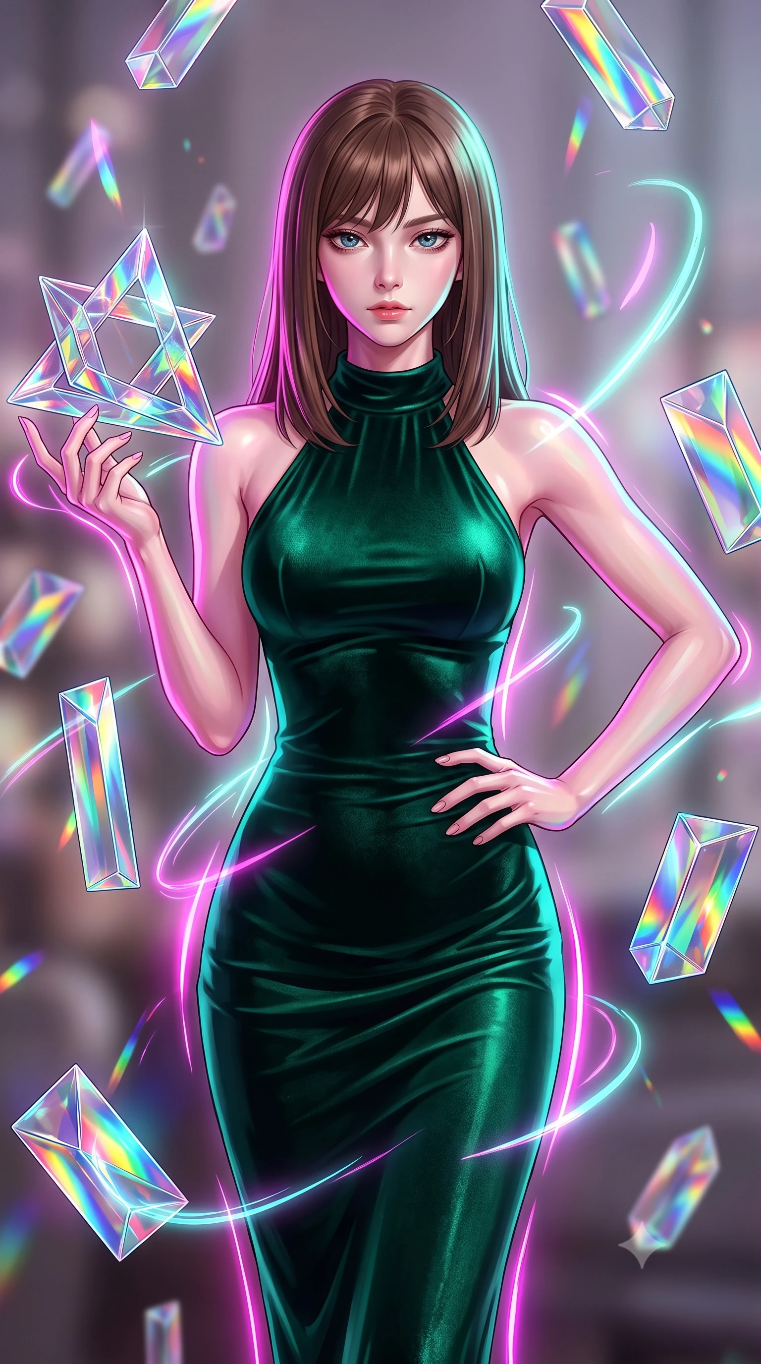 score_9, masterpiece, best quality, ultra-detailed, high-budget anime keyframe, editorial fashion photography, tasteful artistic composition, Korean woman. close-up cowboy shot from the waist and thighs up, the character dominates the composition, filling the frame with her large presence, background elements kept in soft focus. Holding a confident power pose with one hand on her hip, gazing directly into the camera with quiet intensity interacting with floating glass prisms that refract liquid light into rainbows, glowing neon brushstrokes floating poetically around her silhouette. She has an exceptionally elegant, slender, and willowy female figure with an ultra-slim waist, a gracefully sculpted slender torso, and a refined silhouette. sharp v-shaped jawline, high-bridge nose, intricate jewel-like eyes with depth, thick eyelashes, glossy lips with a natural sheen. wearing a velvet halter-neck midi dress in deep emerald, following her form like a glove, the tailored fabric tightly following every curve of her athletic build. surrounded by a radiant glow of magenta and aqua fluid highlights. highly saturated vibrant anime colors, detailed shading with soft gradients, rich glossy textures, high-contrast stereoscopic depth, volumetric dynamic lighting, master piece, 9:16 ratio