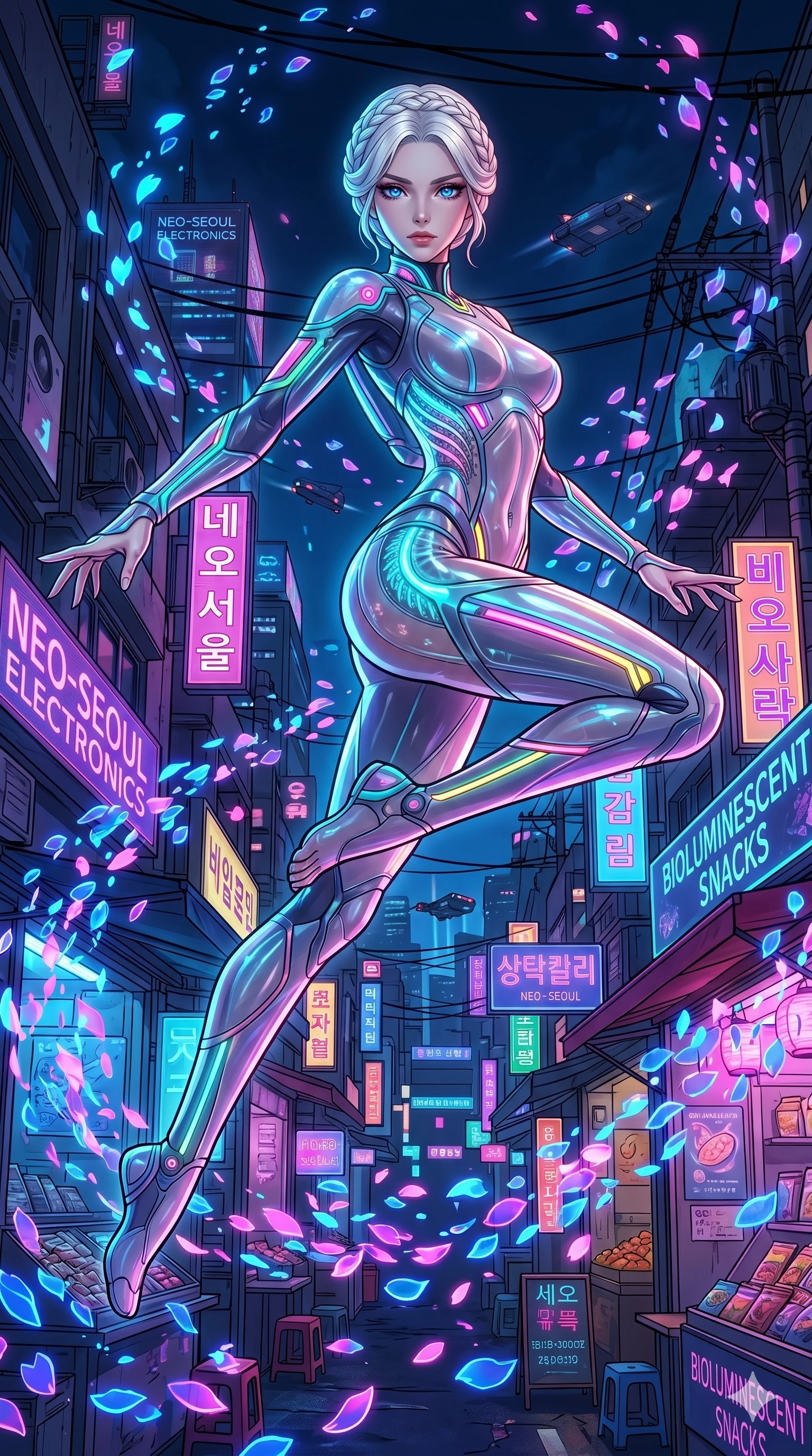 score_9, masterpiece, best quality, ultra-detailed, Set A: High-budget Anime Keyframe, Japanese woman. Low angle cowboy shot filling the entire 9:16 frame with her statuesque presence. Leaping through a neon-lit Neo-Seoul market, while her eyes glow with 0 different colors and surrounded by digital sakura petals. She has an absolutely perfect 8-heads proportion, an exceptionally tall and slender female figure with impossibly long slender legs and an ultra-slim waist. Sharp v-shaped jawline, high-bridge nose, intricate jewel-like eyes with depth, thick eyelashes, glossy lips with a natural sheen. Wearing Neon-lit scuba suit with transparent panels and bioluminescent glowing gills. Cinematic lighting, vibrant colors, dramatic shadows, 2k, ultra detail, master piece, 9:16 ratio