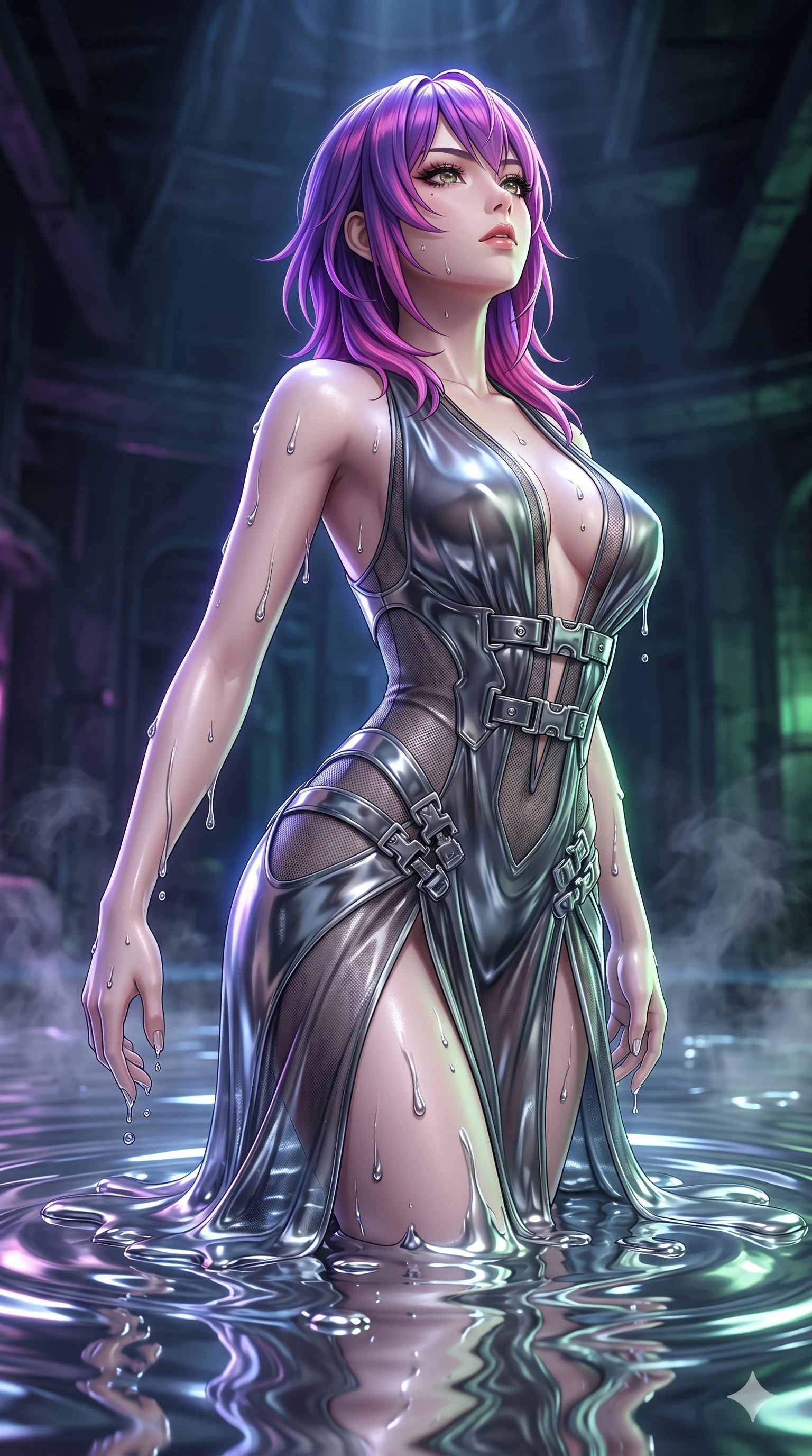 score_9, masterpiece, best quality, ultra-detailed, High-budget Anime Keyframe, East Asian woman. Dynamic full-body shot stretching the vertical silhouette to the limit. Scenario 64: Rising from a pool of mercury-like liquid, droplets rolling off her skin. Her presence is magnetic and overpowering in this high-budget anime scene. Outfit 64: A molten liquid silk micro-mesh with a plunging V-neckline and metallic buckles. The clothing is designed to emphasize her exceptionally tall and slender 8-heads proportion. 8-heads proportion, towering silhouette, ultra-slim waist. sharp v-shaped jawline, intricate jewel-like eyes with depth, thick eyelashes, glossy lips. 2k, ultra detail, master piece, 9:16 ratio