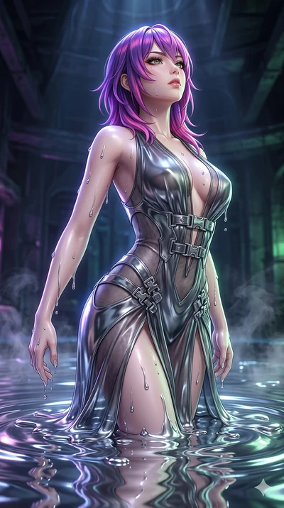 score_9, masterpiece, best quality, ultra-detailed, High-budget Anime Keyframe, East Asian woman. Dynamic full-body shot stretching the vertical silhouette to the limit. Scenario 64: Rising from a pool of mercury-like liquid, droplets rolling off her