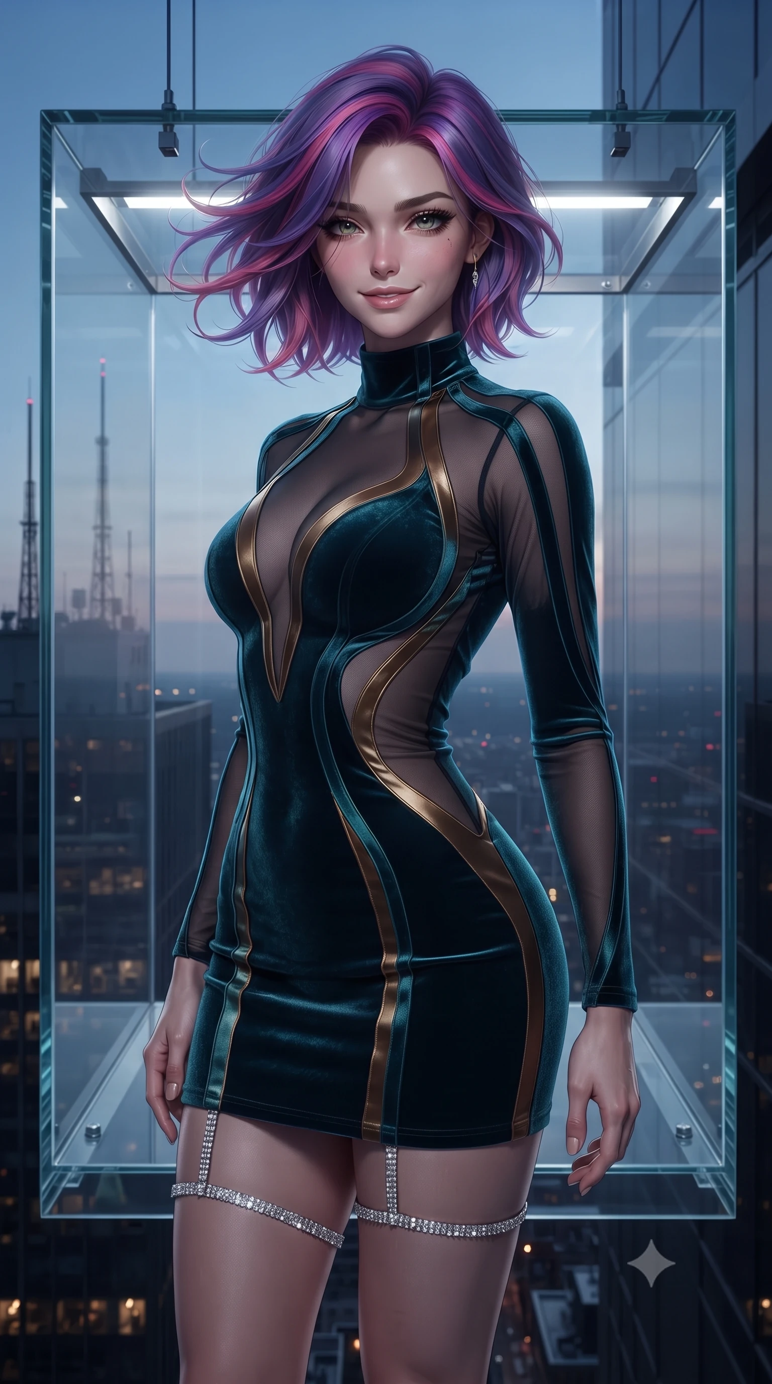 score_9, masterpiece, best quality, ultra-detailed, high-budget anime keyframe, editorial fashion photography, tasteful artistic composition, Caucasian woman. close-up cowboy shot from the waist and thighs up, the character dominates the composition, filling the frame with her large presence. turning slowly with an enchanting smoldering smile, her glossy hair tossing in the breeze as her hips angle gracefully in a captivating contrapposto while standing centered in the fully transparent glass swimming cube suspended outside the skyscraper, arching her back with breathtaking daring. The surrounding environment is rendered in vivid detail and crisp panoramic clarity: sharp transparent structural glass bevels, acrylic panel optical clarity, and distant skyscraper rooftop antennas in deep focus. She has an exceptionally elegant, slender, and willowy female figure with an ultra-slim waist, flat toned midriff, narrow ribcage, and sculpted feminine hips creating an alluring, slim hourglass silhouette without bulk. sharp v-shaped jawline, high-bridge nose, sparkling eyes with hypnotic seductive depth, thick curled eyelashes, glossy parted lips with a natural dewy peach sheen, alluring bedroom-eyes with an enchanting coquettish smile, exuding magnetic siren charisma and sophisticated glamour, flawlessly proportioned anatomical accuracy, strict slender model proportions, natural body alignment, perfectly sculpted long slender limbs, ultra-slim waistline, clean dynamic posture without body distortion. wearing a provocative high-neck sheer illusion cocktail dress with liquid satin ribbons contouring her curves in deep peacock teal and burnished antique brass, tailored from ultra-plush velvet with rich tactile depth and deep shadow gradients, finished with delicate crystal-encrusted thigh garter straps glinting in the dim light, the glove-like clinging cut tightly following the natural contour of her hips and long slender legs with youthful 8.5-heads elegance. illuminated by glass cube internal reflections and sharp platinum rim lights defining her razor-sharp jawline, narrow waist, and voluptuous hip curves. ultra-reflective glossy finish, specular highlights, rich textural contrasts, high-contrast stereoscopic depth, volumetric dynamic lighting, 2k, ultra detail, master piece, 9:16 ratio