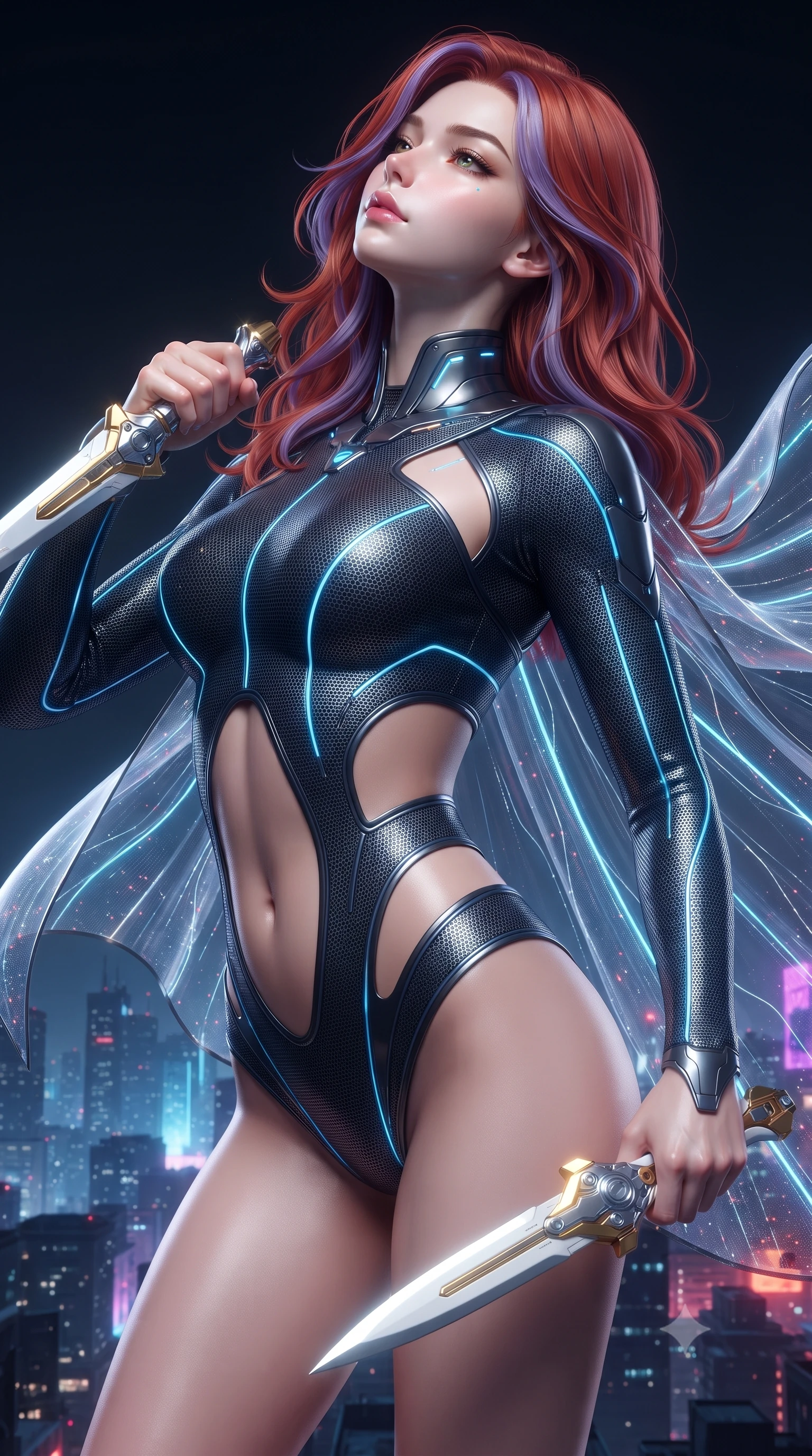 score_9, masterpiece, best quality, ultra-detailed, high-budget anime keyframe, editorial fashion photography, tasteful artistic composition, Caucasian woman. close-up cowboy shot from the waist and thighs up, the character dominates the composition, filling the frame with her large presence. tilting her head back with serene regal elegance, her sharp jawline and sculpted collarbones highlighted by glowing weapon energy reflections while arching her spine in a fluid combat stance as high-altitude winds billow her sheer tactical cape against the glowing city skyline. The surrounding environment is rendered in vivid detail and crisp panoramic clarity. high-contrast tactical chiaroscuro and atmospheric cyberpunk urban textures captured with precision. She has an exceptionally elegant, slender, and willowy female figure with an ultra-slim waist, a gracefully sculpted slender torso, toned flat midriff, and a refined slim silhouette. sharp v-shaped jawline, high-bridge nose, intricate jewel-like eyes with depth, thick eyelashes, glossy lips with a natural sheen, flawlessly proportioned anatomical accuracy, strict slender model proportions, natural body alignment, perfectly sculpted long slender limbs, ultra-slim waistline, clean dynamic posture without body distortion. wearing an aerodynamic dark titanium carbon-mesh jumper with glowing blue fiber lines, holding twin chrome vibro-daggers with deadly supermodel poise in arctic white carbon composite with radiant solar gold plating, crafted from semi-translucent cybernetic carbon-vinyl interwoven with glowing micro-filaments, featuring a sleek aerodynamic collar framed by subtle glowing cybernetic status LEDs, the precision-cut daring openings accentuating her delicate midriff, graceful bare collarbones, and ultra-slim feminine waistline. surrounded by an exhilarating, fierce, and breathtakingly stylish cyber-valkyrie aura. ultra-reflective glossy finish, specular highlights, dark metallic sheen, high-contrast stereoscopic depth, volumetric dynamic lighting, 2k, ultra detail, master piece, 9:16 ratio