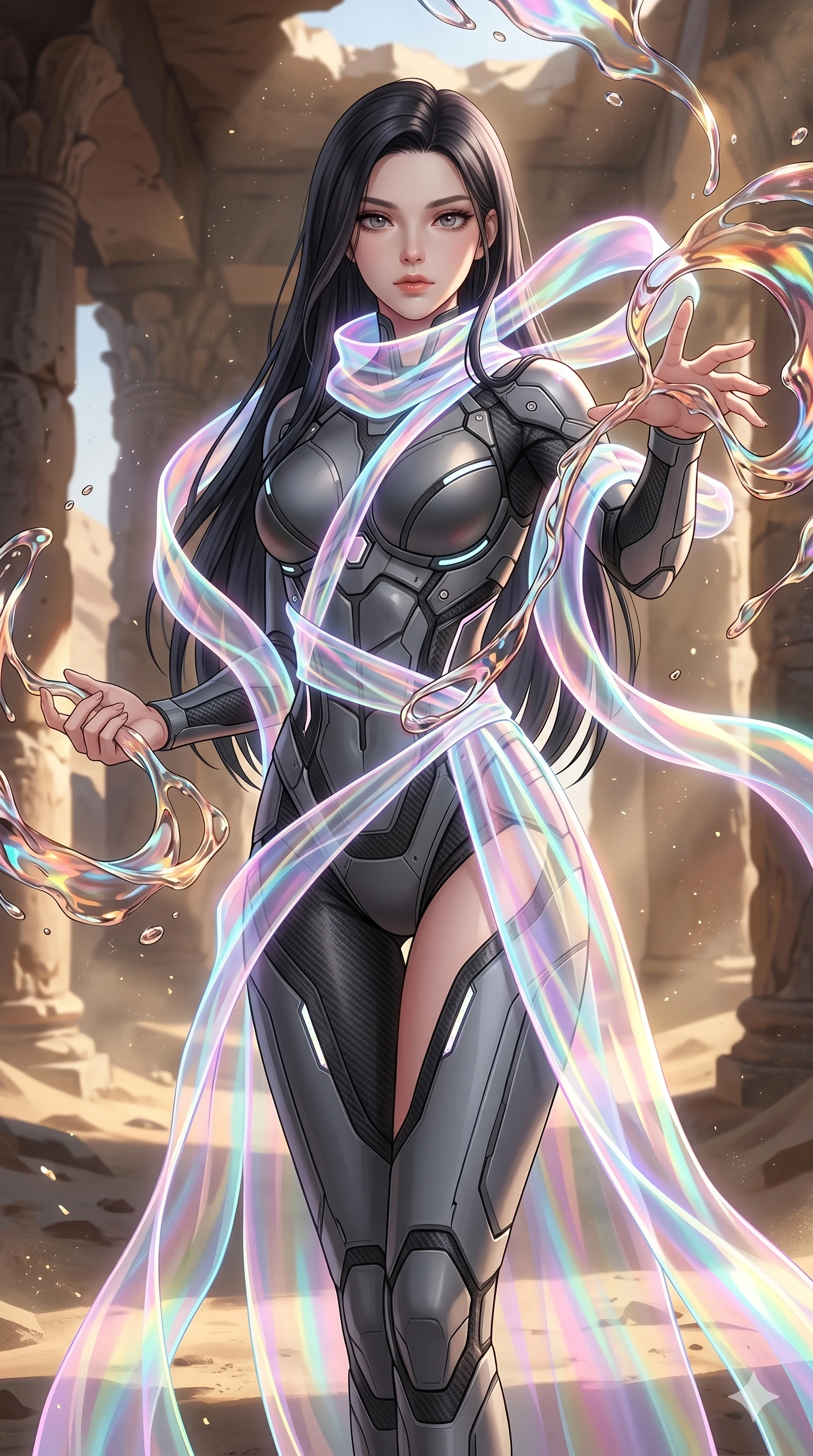 score_9, masterpiece, best quality, ultra-detailed, high-budget anime keyframe, Caucasian woman, strictly human ears. upper body close-up from the thighs up, character filling the screen for maximum presence. interacting with liquid stained-glass that melts and swirls in mid-air inside a crumbling desert ruin, the fluid jewelry floating in suspension. She has an absolutely perfect 8-heads proportion, an exceptionally tall and slender female figure with impossibly long slender legs and an ultra-slim waist. V-shaped jawline, high-bridge nose, intricate jewel-like eyes with depth, thick eyelashes, glossy lips with a natural sheen.. wearing a cybernetic bodysuit with a holographic ribbon, featuring a skin-tight contouring bodysuit wrapped in a translucent flowing holographic organza ribbon. enhanced by a luminous pastel spectrum glow, casting elegant rim lights on her shoulders and jawline. 2k, ultra detail, master piece, 9:16 ratio