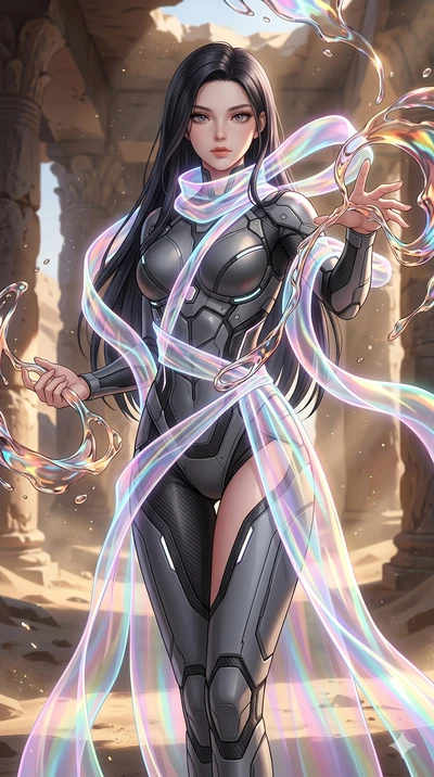 score_9, masterpiece, best quality, ultra-detailed, high-budget anime keyframe, Caucasian woman, strictly human ears. upper body close-up from the thighs up, character filling the screen for maximum presence. interacting with liquid stained-glass tha