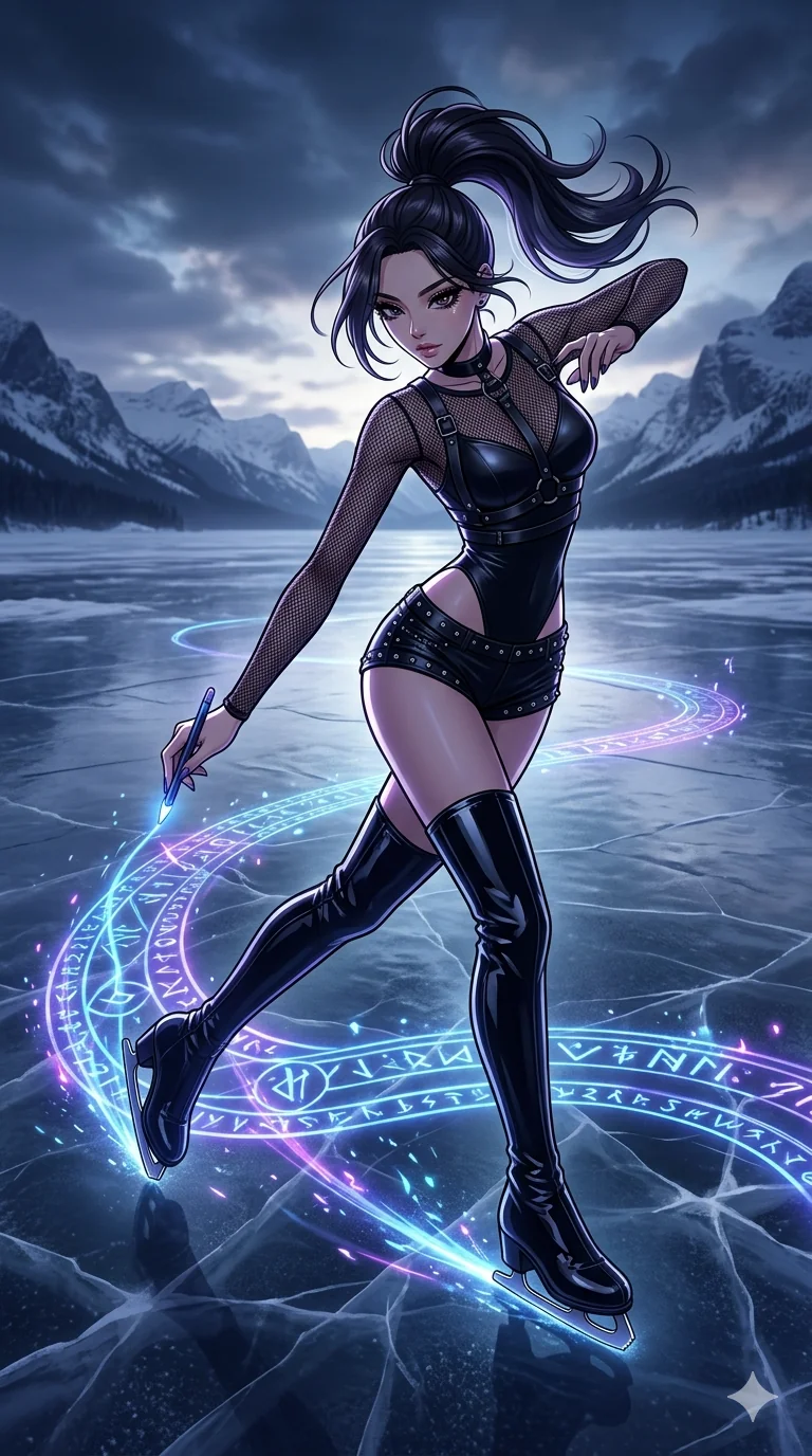 score_9, masterpiece, best quality, ultra-detailed, high-budget anime movie keyframe, cinematic anime lighting, intricate line art, Korean anime girl. Low angle cowboy shot capturing a powerful motion and statuesque presence. gliding across a frozen lake while drawing runes on the ice. She has an absolutely perfect 8-heads proportion, an exceptionally tall and slender female figure with an ultra-slim waist and impossibly long slender legs. strictly human anatomy, two legs only, no extra limbs, clearly defined legs and arms, perfect anatomy, perfect hands and fingers. sharp v-shaped jawline, high-bridge nose, intricate jewel-like eyes, thick eyelashes, glossy lips. Wearing K-Idol Stage: Leather harness over mesh, high-cut bodysuit, studded micro-shorts, and thigh-high patent boots. The scene is illuminated by dramatic atmospheric lighting and vibrant color palettes. , 2k, ultra detail, master piece, 9:16 ratio