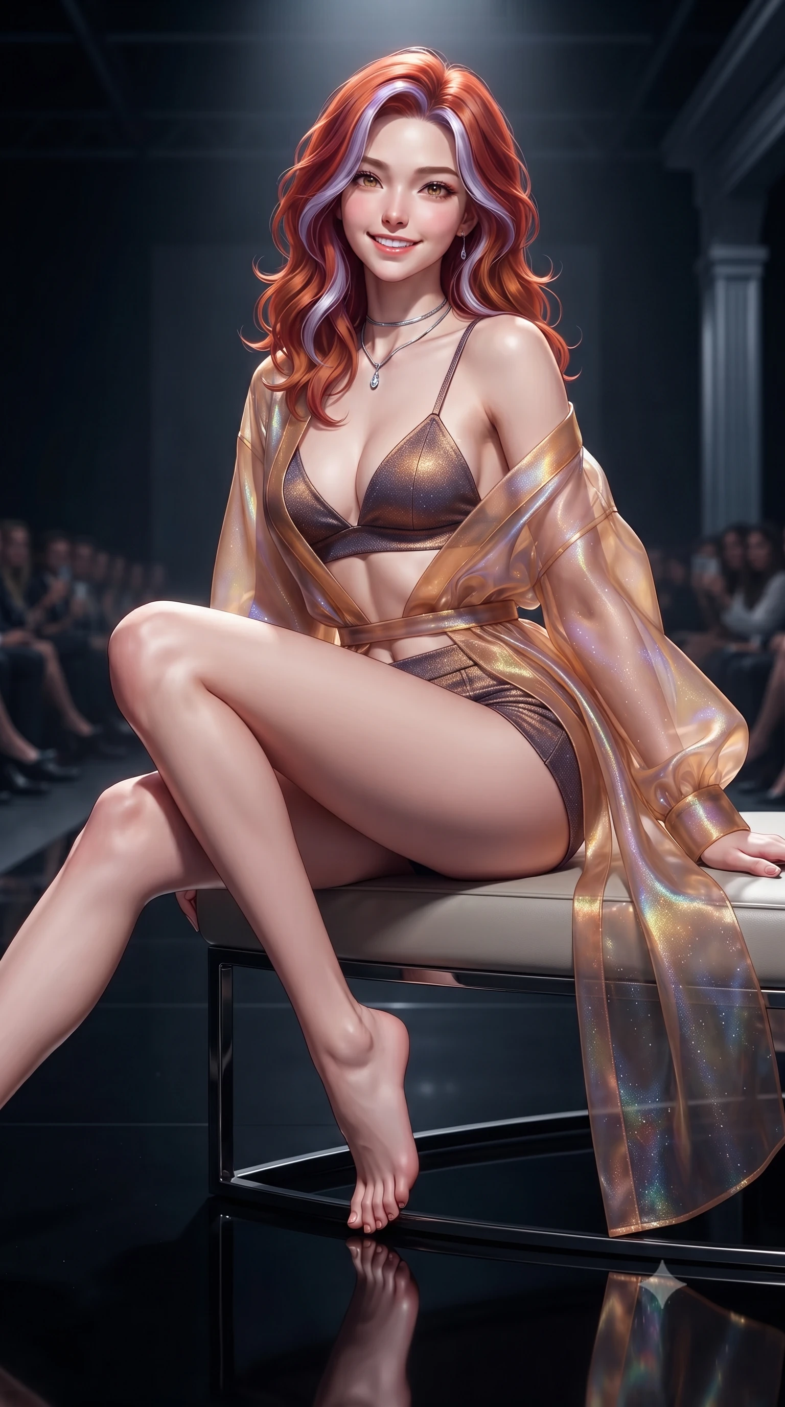 score_9, masterpiece, best quality, ultra-detailed, high-budget anime keyframe, editorial fashion photography, tasteful artistic composition, Caucasian woman. close-up cowboy shot from the waist and thighs up, the character dominates the composition, filling the frame with her large presence. perched sideways on the lounge seat, one knee drawn up to showcase her slender leg line while her arched back accentuates her feminine hip curve while standing poised beneath a solitary razor-sharp spotlight isolating her statuesque posture on the mirror-polished black stage, arching her lower back with sovereign supermodel poise. The surrounding environment is rendered in vivid detail and crisp panoramic clarity: detailed haute-couture tailoring, rich fabric weave, and extreme high-contrast theatrical lighting in razor-sharp precision. She has an exceptionally elegant, slender, and willowy female figure with an ultra-slim waist, flat toned midriff, narrow ribcage, and sculpted feminine hips creating an alluring, slim hourglass silhouette without bulk. sharp v-shaped jawline, high-bridge nose, intricate jewel-like sparkling eyes with depth, thick eyelashes, glossy parted lips with a natural peach sheen, bright cheerful beaming smile with an enchanting and coquettish sensual glint, exuding both youthful cute charm and seductive allure, flawlessly proportioned anatomical accuracy, strict slender model proportions, natural body alignment, perfectly sculpted long slender limbs, ultra-slim waistline, clean dynamic posture without body distortion. wearing a translucent iridescent organza kimono robe slipping off bare shoulders over a matching satin micro-bralette and micro-shorts in cosmic eclipse amber and starlight diamond, tailored from high-density tech-wool with subtle metallic thread weave, finished with a minimalist chrome choker and a single teardrop diamond pendant, the glove-like clinging cut tightly following the natural contour of her hips and long slender legs with youthful 8.5-heads elegance. illuminated by black floor specular bounce and razor-sharp platinum rim lights defining her razor-sharp jawline, narrow waist, and curvy hips. ultra-reflective glossy finish, specular highlights, rich textural contrasts, high-contrast stereoscopic depth, volumetric dynamic lighting, 2k, ultra detail, master piece, 9:16 ratio