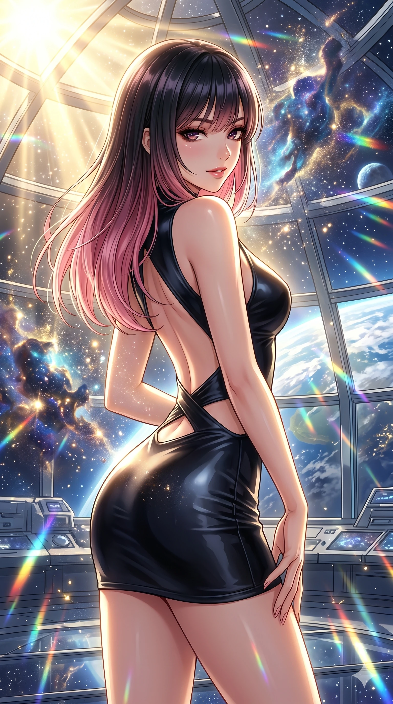 score_9, masterpiece, best quality, ultra-detailed, high-budget anime keyframe, editorial fashion photography, tasteful artistic composition, Korean woman. Upper body close-up from the thighs up, character filling the screen for maximum presence. She is arching her back gracefully as glowing cosmic stardust and floating nebulae swirl around her inside a sunlit orbital conservatory. She looks toward the camera with a captivating, bedroom gaze. She has an absolutely perfect 8-heads proportion, an exceptionally tall and slender female figure with impossibly long slender legs and an ultra-slim waist. V-shaped jawline, high-bridge nose, intricate jewel-like eyes with depth, thick eyelashes, glossy lips with a natural sheen. She is wearing a second-skin fashion-latex mini dress with a clean architectural front, featuring an open-back design that wraps around the sides of her waist, showcasing her slender silhouette. The scene is bathed in brilliant, high-contrast golden solar rays and refracting rainbow lens flares. 2k, ultra detail, master piece, 9:16 ratio