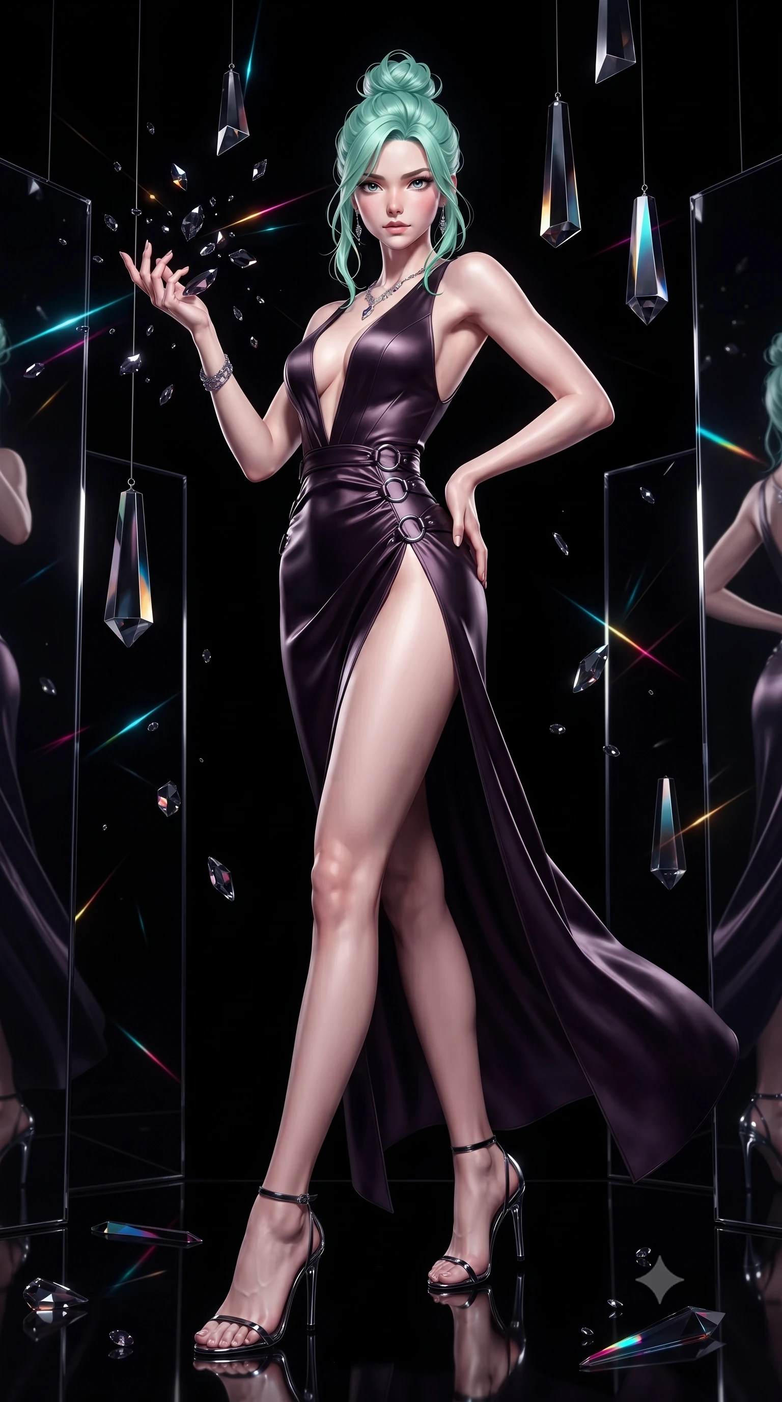score_9, masterpiece, best quality, ultra-detailed, high-budget anime keyframe, editorial fashion photography, tasteful artistic composition, Japanese woman. low angle full-body shot from head to toe showing her feet, filling the entire 9:16 vertical frame with her statuesque presence, stretching her vertical silhouette. interacting with floating dark crystal particles, her long slender legs poised in motion, standing surrounded by suspended dark glass prisms refracting sharp laser rays, high-contrast black-and-silver reflections dancing across mirror surfaces. She has an absolutely perfect, statuesque 8.5-heads proportion, an exceptionally tall and slender model-like female figure with impossibly long slender legs and an ultra-slim waist. sharp v-shaped jawline, high-bridge nose, intricate jewel-like eyes with depth, thick eyelashes, glossy lips with a natural sheen. wearing deep plunging V-neckline midnight gown with daring high thigh slit in dark plum violet, made of soft dark satin, trimmed with dark chrome ring hardware along the waist contours, following her slender form with tailored precision. bathed in high-contrast specular reflections against pitch-black shadows. ultra-reflective glossy finish, specular highlights, metallic sheen, high-contrast stereoscopic depth, volumetric dynamic lighting, 2k, ultra detail, master piece, 9:16 ratio