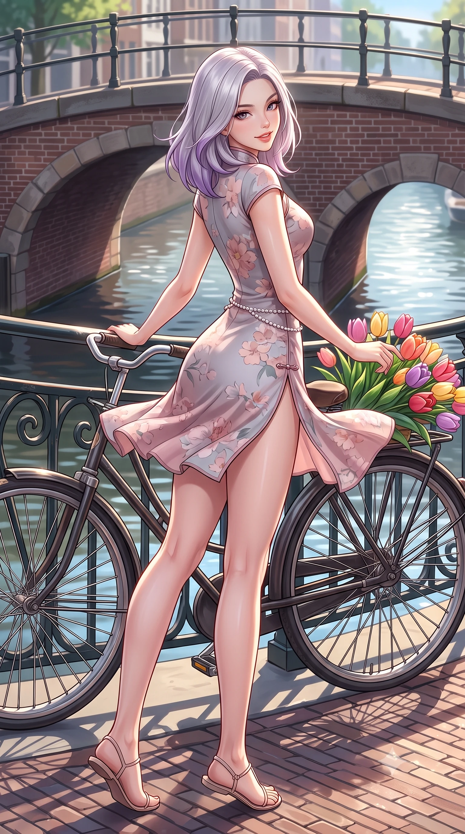 score_9, masterpiece, best quality, ultra-detailed, high-budget anime keyframe, semi-realistic 3D game render, editorial fashion photography, tasteful artistic composition, Caucasian woman. low angle full-body shot from head to toe showing her feet, filling the entire 9:16 vertical frame with her statuesque presence, stretching her vertical silhouette. executing a cheerful mid-motion pivot turn as her skirt flutters around her slender legs, glancing over her shoulder with an intoxicating, teasing cute expression while leaning against the wrought-iron canal bridge railing beside a vintage bicycle laden with colorful tulips, arching her back with a cheerful cute smile. The surrounding environment is rendered in vivid detail and crisp panoramic clarity. sharp brick masonry on bridge arches, bicycle spoke reflections, and tulip blossom textures in deep focus. She has an exceptionally tall and slender model-like 8.5-heads proportion, an ultra-slim waist, a flat toned midriff, narrow delicate ribcage, and beautifully sculpted feminine hips creating a graceful, slim hourglass silhouette without any bulky heaviness, with impossibly long slender legs. sharp v-shaped jawline, high-bridge nose, intricate jewel-like sparkling eyes with depth, thick eyelashes, glossy parted lips with a natural peach sheen, bright cheerful beaming smile with an enchanting and coquettish sensual glint, exuding both youthful cute charm and seductive allure, flawlessly proportioned anatomical accuracy, strict slender model proportions, natural body alignment, perfectly sculpted long slender limbs, ultra-slim waistline, clean dynamic posture without body distortion. wearing a modern cute qipao mini dress with double side slits ascending to the hip in pastel floral silk in dusty rose and soft dove grey, crafted from soft breathable linen with effortless natural drape, accented with a dainty pearl waist chain catching the ambient sunlight, the liquid-tight tailored fabric clinging flawlessly to her narrow waist and rounded feminine hips, emphasizing every millimeter of her sculpted slim hourglass curves without any bulky heaviness. bathed in crisp, sparkling morning sunlight reflecting off calm canal waters. highly saturated vibrant anime colors, detailed shading with soft gradients, rich glossy textures, high-contrast stereoscopic depth, volumetric dynamic lighting, master piece, 9:16 ratio