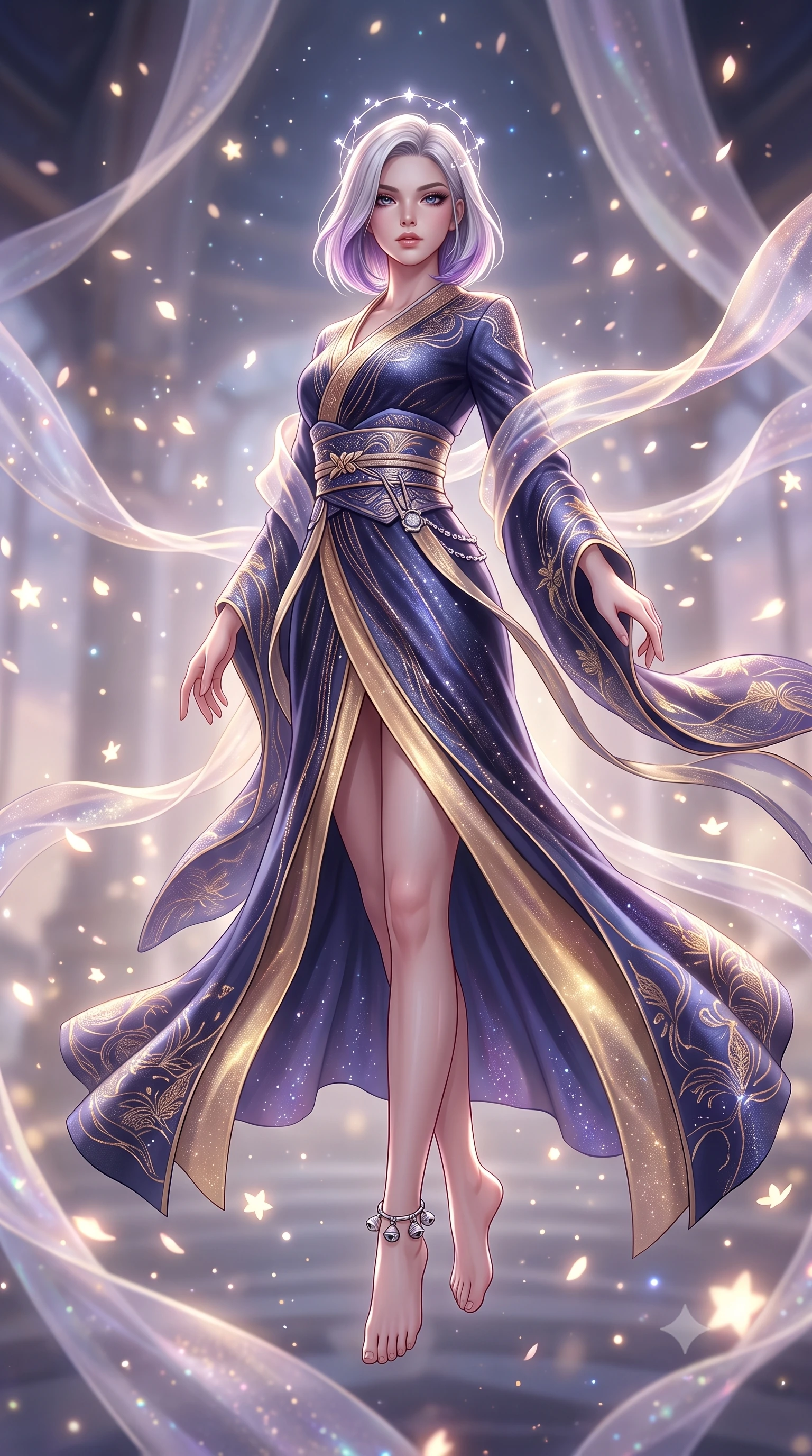 score_9, masterpiece, best quality, ultra-detailed, high-budget anime keyframe, semi-realistic 3D game render, editorial fashion photography, tasteful artistic composition, Caucasian woman. low angle full-body shot from head to toe showing her feet, filling the entire 9:16 vertical frame with her statuesque presence, stretching her vertical silhouette. landing lightly on the balls of her feet in a balanced kinetic stance, eyes locked onto the camera with fearless allure while floating weightlessly in a celestial sanctuary chamber where endless translucent silk ribbons and glowing star petals drift in zero gravity. The composition keeps background elements in soft focus with creamy bokeh. glowing starlight flecks and iridescent fabric sparkles scattering cosmic radiant light motes. She has an absolutely perfect, statuesque 8.5-heads proportion, an exceptionally tall and slender model-like female figure with impossibly long slender legs, a toned flat midriff, and an ultra-slim waist. sharp v-shaped jawline, high-bridge nose, intricate jewel-like eyes with depth, thick eyelashes, glossy lips with a natural sheen, captivating and magnetic expression, flawlessly proportioned anatomical accuracy, strict slender model proportions, natural body alignment, perfectly sculpted long slender limbs, ultra-slim waistline, clean dynamic posture without body distortion. wearing a traditional-modern silk fusion wrap dress with asymmetric trailing sleeves and waist-cinching obi in midnight indigo and glowing starlight gold, woven from fine mulberry silk with metallic thread embroidery, accented with dainty silver ankle bells and a glowing constellation circlet, the liquid-tight tailored fabric emphasizing every curve of her tall, slender model proportions and sculptured silhouette during dynamic movement. surrounded by an immortal, transcendent, and breathtakingly majestic cosmos empress aura. highly saturated vibrant anime colors, detailed shading with soft gradients, rich glossy textures, high-contrast stereoscopic depth, volumetric dynamic lighting, master piece, 9:16 ratio