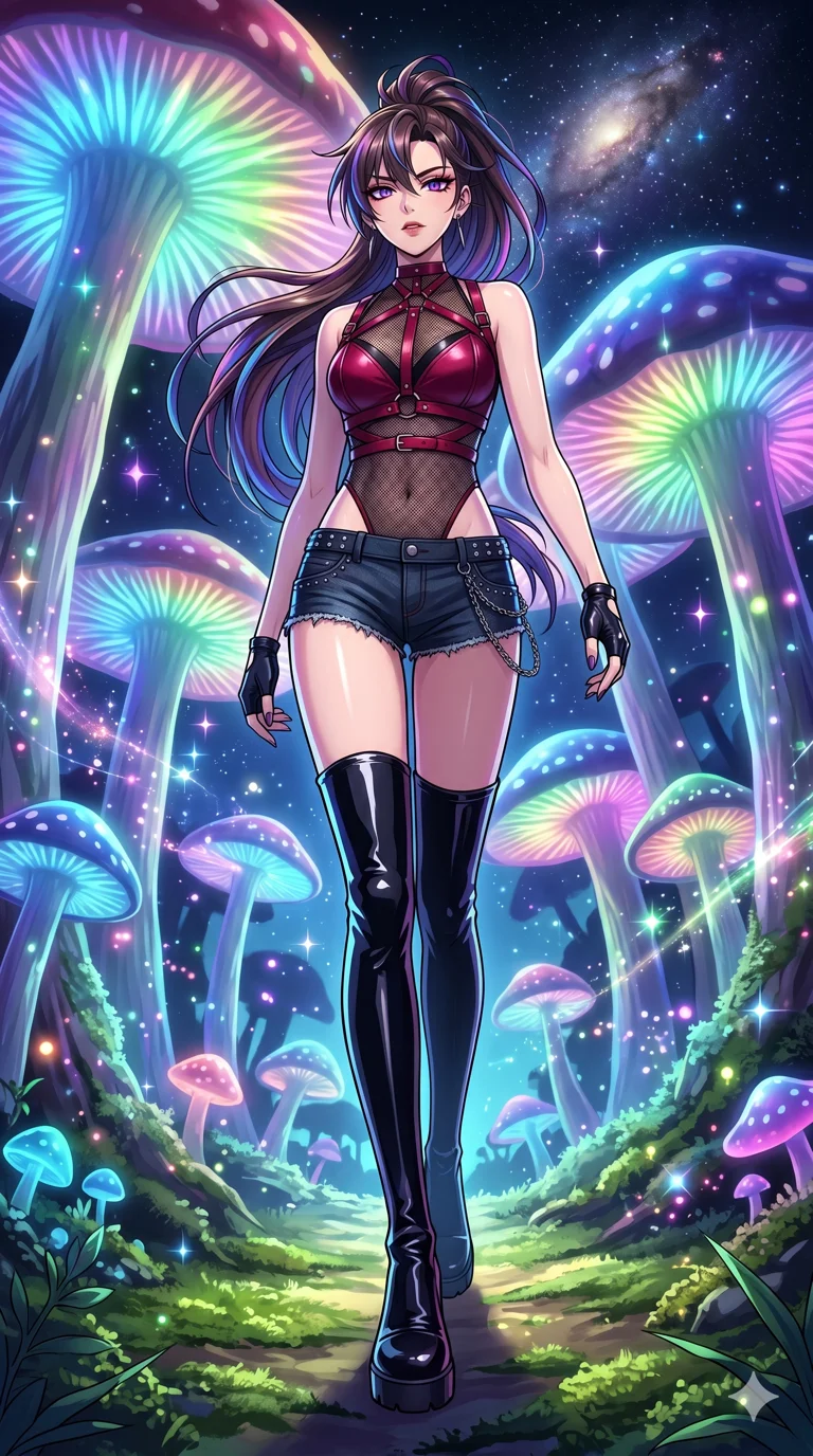 score_9, masterpiece, best quality, ultra-detailed, High-budget Anime Keyframe, beautiful Korean anime girl. Low angle cowboy shot filling the entire 9:16 frame with her overwhelming presence. Walking through a forest of giant mushrooms that glow in rainbow colors under a starry sky. She has an absolutely perfect 8-heads proportion, an exceptionally tall and slender female figure with impossibly long slender legs and an ultra-slim waist. Sharp v-shaped jawline, high-bridge nose, intricate jewel-like eyes with depth, thick eyelashes, glossy lips with a natural sheen. Wearing a K-Idol Stage outfit: crimson leather harness over mesh, high-cut bodysuit, studded micro-shorts, thigh-high patent boots. Background is a bright and colorful environment with cinematic lighting, dynamic particle effects, and high-contrast shadows. 2k, ultra detail, master piece, 9:16 ratio