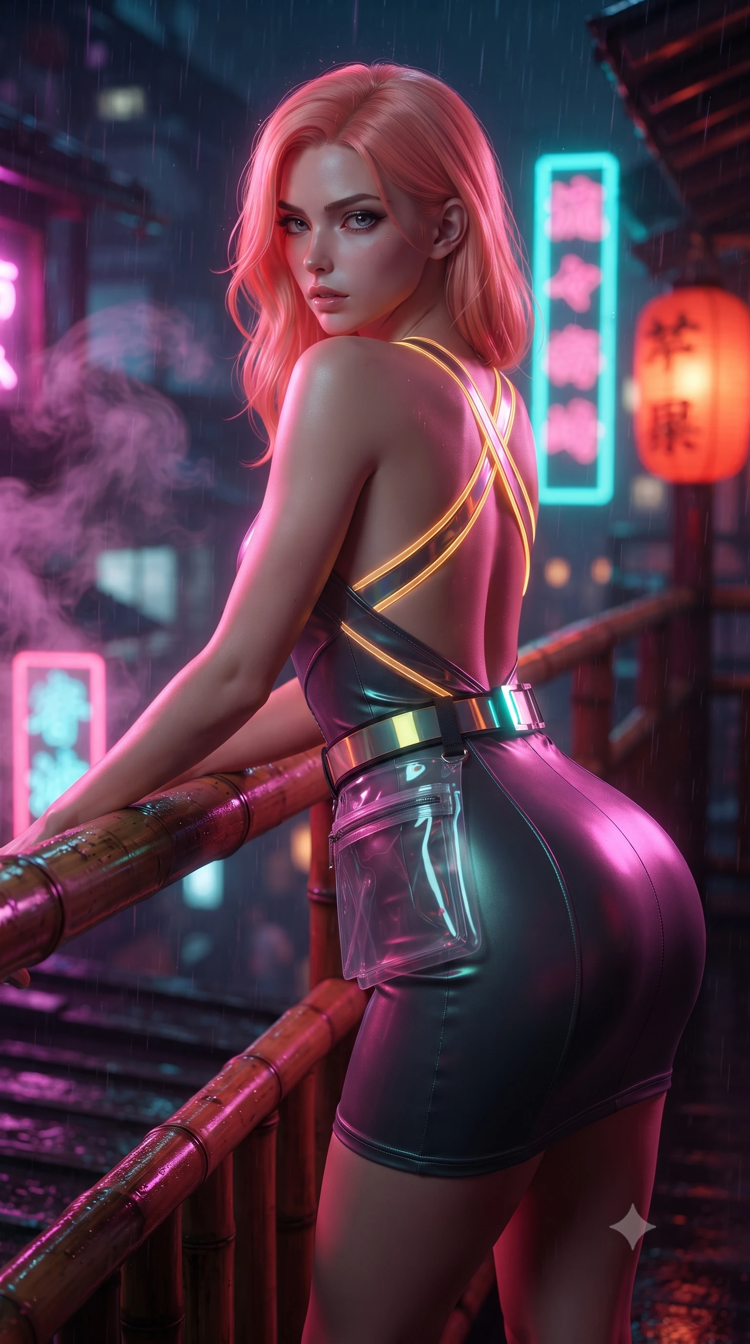 score_9, masterpiece, best quality, ultra-detailed, high-budget anime keyframe, editorial fashion photography, tasteful artistic composition, Japanese woman. close-up cowboy shot from the waist and thighs up, the character dominates the composition, filling the frame with her large presence. leaning forward against the polished railing with her hips cocked back, creating an intoxicating curve from her narrow waist to sculpted hips as she gazes back into the lens while leaning deep against a rain-slicked rooftop bamboo railing with hips cocked back, looking over her shoulder as neon reflections wash over her curvy silhouette. The composition keeps background elements in soft focus with creamy bokeh. swirling tea steam vapors and glowing neon kanji signs blurred into electric magenta, turquoise, and lantern-scarlet bokeh. She has an exceptionally elegant, slender, and willowy female figure with an ultra-slim waist, a gracefully sculpted slender torso, toned flat midriff, and rounded feminine hips creating an alluring hourglass silhouette. sharp v-shaped jawline, high-bridge nose, intricate jewel-like eyes with depth, thick eyelashes, glossy parted lips with a natural sheen, intensely captivating and seductive bedroom-eyes expression, flawlessly proportioned anatomical accuracy, strict slender model proportions, natural body alignment, perfectly sculpted long slender limbs, ultra-slim waistline, clean dynamic posture without body distortion. wearing a daring open-back neon party dress with crossed holographic straps and bodycon fit in glowing amber-gold and dark graphite, made of seamless compression knit with anatomical curves sculpting, finished with a neon LED belt buckle and translucent vinyl tool pouch, the liquid-tight tailored fabric clinging flawlessly to her narrow waist and rounded feminine hips, emphasizing every millimeter of her sculpted hourglass curves during movement. bathed in vibrant magenta and electric cyan neon light contrasting with warm lantern scarlet downlights. ultra-reflective glossy finish, specular highlights, rich textural contrasts, high-contrast stereoscopic depth, volumetric dynamic lighting, 2k, ultra detail, master piece, 9:16 ratio