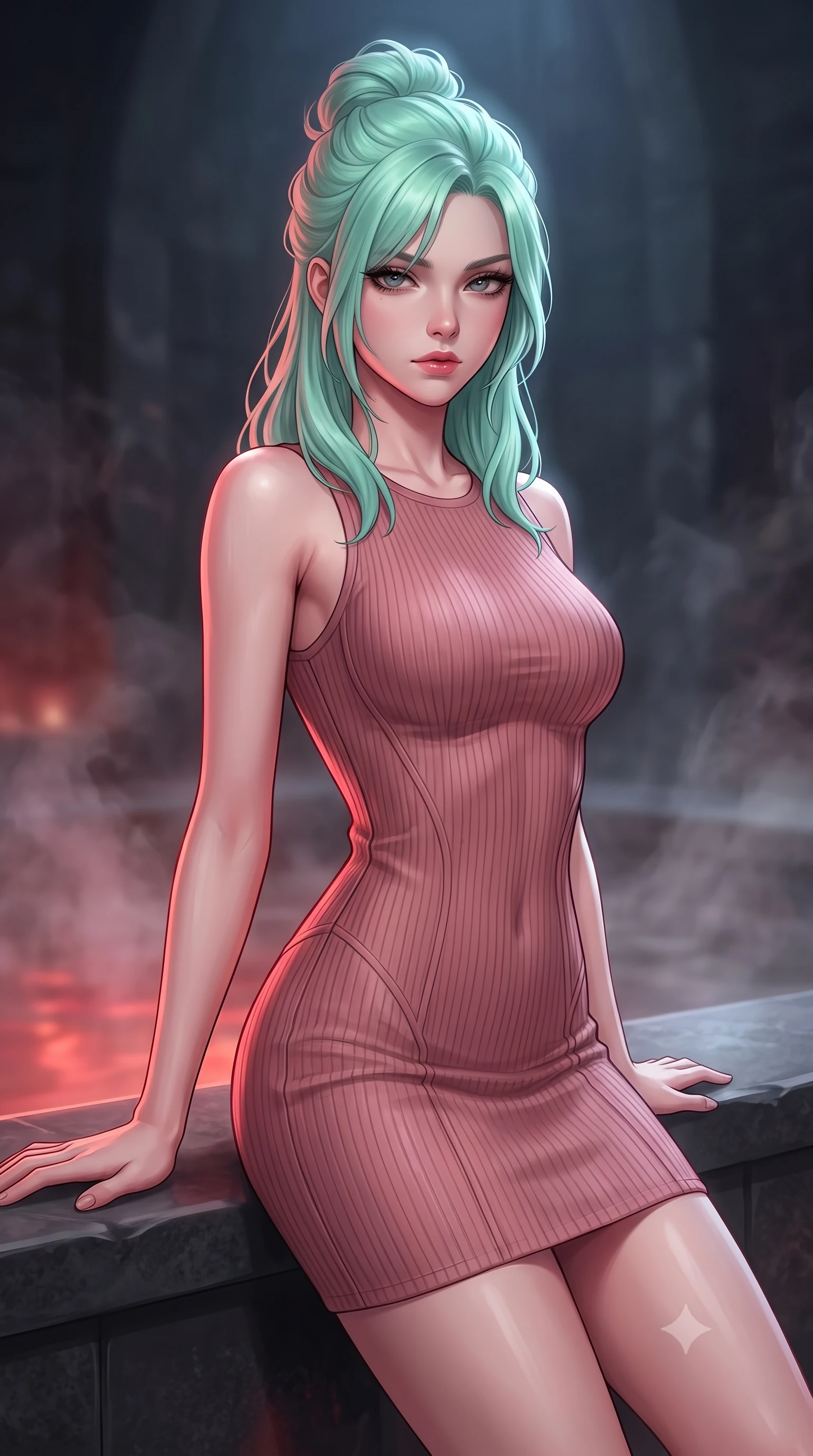 score_9, masterpiece, best quality, ultra-detailed, high-budget anime keyframe, editorial fashion photography, tasteful artistic composition, Japanese woman woman. close-up cowboy shot from the waist and thighs up, the character dominates the composition, filling the frame with her large presence, background elements kept in soft focus. She has an exceptionally elegant, slender, and willowy female figure with an ultra-slim waist, a gracefully sculpted slender torso, and a refined silhouette. casting a slow, direct gaze beneath heavy lashes with magnetic intensity, flawlessly proportioned anatomical accuracy, natural body alignment, perfectly sculpted elegant limbs, clean dynamic posture without body distortion. set against a soft-focus background of a dark basalt thermal bath chamber with rising mineral steam. wearing a sculpted dusty rose ribbed knit bodycon dress with form-contouring side seams. bathed in warm crimson furnace glow from below contrasting with cool top ambient light. highly saturated vibrant anime colors, detailed shading with soft gradients, rich glossy textures, high-contrast stereoscopic depth, volumetric dynamic lighting, master piece, 9:16 ratio