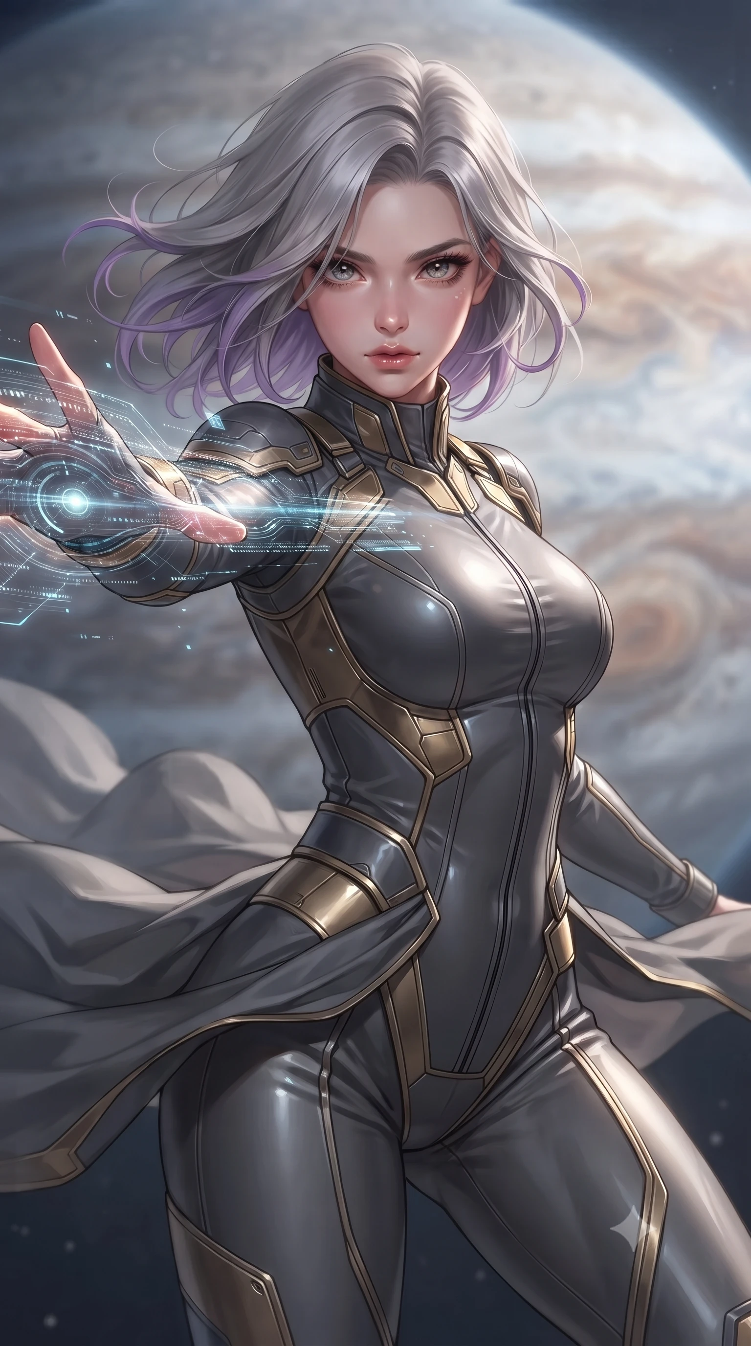score_9, masterpiece, best quality, ultra-detailed, high-budget anime keyframe, editorial fashion photography, tasteful artistic composition, realistic cosplay photography, Caucasian woman, strictly human ears. close-up cowboy shot from the waist and thighs up, the character dominates the composition, filling the frame with her large presence, background elements kept in soft focus. Casting a digital tracking wave with an outstretched hand, her gaze locked on the escaping target. set against a soft-focus background of floating in low orbit of a gas giant, massive storm bands and swirling vortexes visible on the planet surface. She has an exceptionally elegant and slender, willowy female figure with an ultra-slim waist, a gracefully sculpted slender torso, and a refined slim physique. sharp v-shaped jawline, high-bridge nose, intricate jewel-like eyes with depth, thick eyelashes, glossy lips with a natural sheen. wearing the lightweight fabric rippling and billowing dramatically with her movement, a form-contouring body-hugging flight captain suit in charcoal grey and gold trim, featuring a high collar and structured waist panels. soft glowing ambient light with sharp side key light tracing the sleek contours of her figure. ultra-reflective glossy finish, specular highlights, metallic sheen, high-contrast stereoscopic depth, volumetric dynamic lighting, 2k, ultra detail, master piece, 9:16 ratio