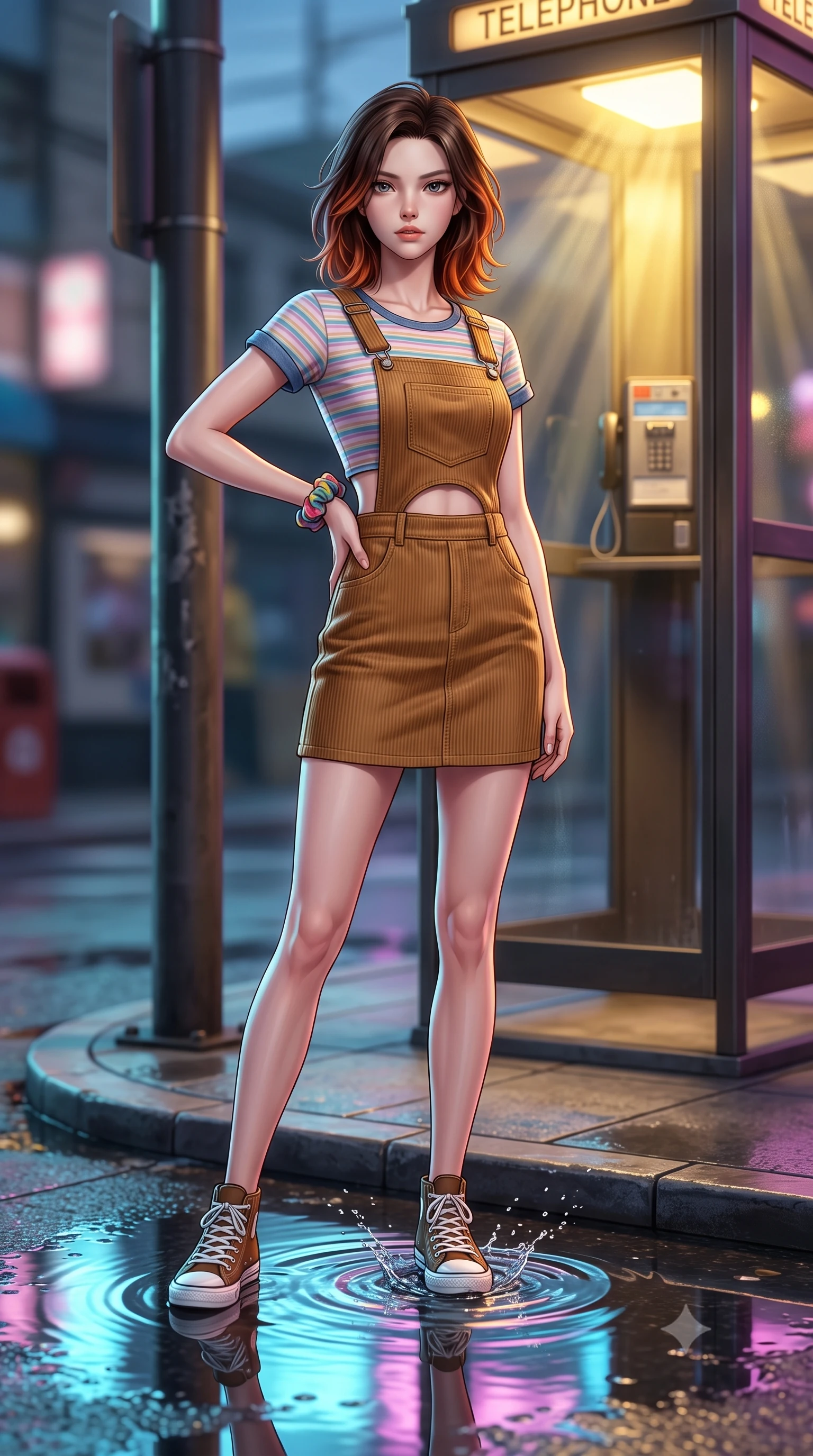 score_9, masterpiece, best quality, ultra-detailed, high-budget anime keyframe, semi-realistic 3D game render, editorial fashion photography, tasteful artistic composition, Korean woman. low angle full-body shot from head to toe showing her feet, filling the entire 9:16 vertical frame with her statuesque presence, stretching her vertical silhouette. standing poised with one hip cocked in an alluring high-fashion pose, her tall 8.5-heads proportions dominating the scene while twirling on the wet sidewalk corner as neon reflection puddles create mirror images of her slender silhouette. The composition keeps background elements in soft focus with creamy bokeh. refracted telephone booth light rays and splashing puddle ripples scattering shimmering light motes. She has an absolutely perfect, statuesque 8.5-heads proportion, an exceptionally tall and slender model-like female figure with impossibly long slender legs, a toned flat midriff, and an ultra-slim waist. sharp v-shaped jawline, high-bridge nose, intricate jewel-like eyes with depth, thick eyelashes, glossy lips with a natural sheen, captivating and magnetic expression, flawlessly proportioned anatomical accuracy, strict slender model proportions, natural body alignment, perfectly sculpted long slender limbs, ultra-slim waistline, clean dynamic posture without body distortion. wearing a vintage corduroy dungaree dress layered over a pastel striped baby-tee with rolled cuffs in vintage camel brown and washed indigo denim, tailored from soft fine-wale corduroy with rich velvety texture, accessorized with a colorful scrunchie on her wrist and classic retro high-top sneakers, the precision-cut daring openings accentuating her delicate midriff, graceful bare collarbones, and ultra-slim feminine waistline. bathed in cozy yellow interior phone booth lamp light contrasting with cool neon street reflections outside. highly saturated vibrant anime colors, detailed shading with soft gradients, rich glossy textures, high-contrast stereoscopic depth, volumetric dynamic lighting, master piece, 9:16 ratio