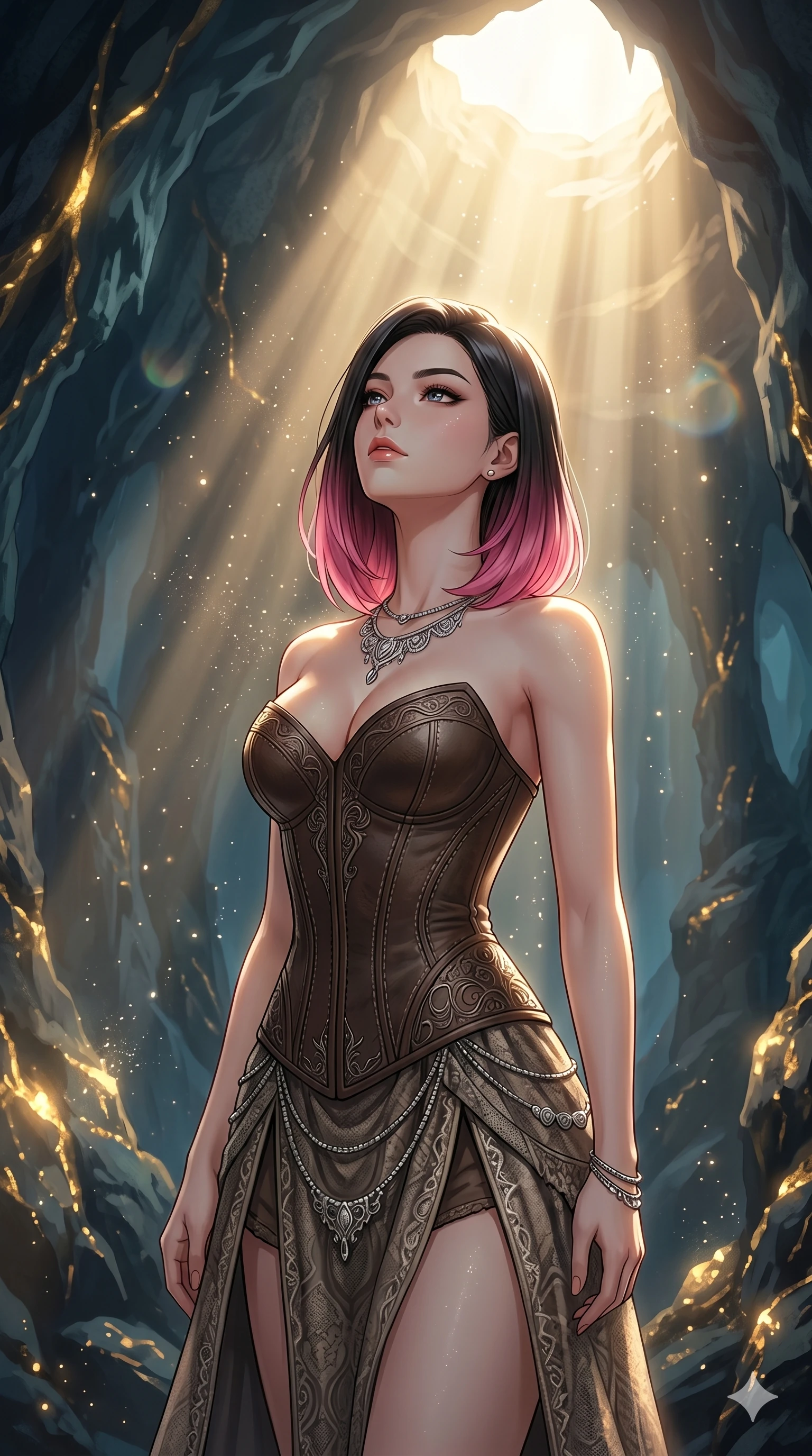 score_9, masterpiece, best quality, ultra-detailed, high-budget anime keyframe, editorial fashion photography, tasteful artistic composition, Korean woman. cowboy shot from the thighs up, character and outfit filling the frame for maximum editorial presence. tilting her head back slightly with a confident and powerful expression in a secret cavern filled with glowing golden mineral veins and dust (Code-P18-180). She has an absolutely perfect 8-heads proportion, an exceptionally tall and slender female figure with impossibly long slender legs and an ultra-slim waist. V-shaped jawline, high-bridge nose, intricate jewel-like eyes with depth, thick eyelashes, glossy lips with a natural sheen. wearing a leather corset with sweetheart neckline revealing her cleavage. drenched in soft morning sunbeams flowing from a high window, creating a serene mood. 2k, ultra detail, master piece, 9:16 ratio