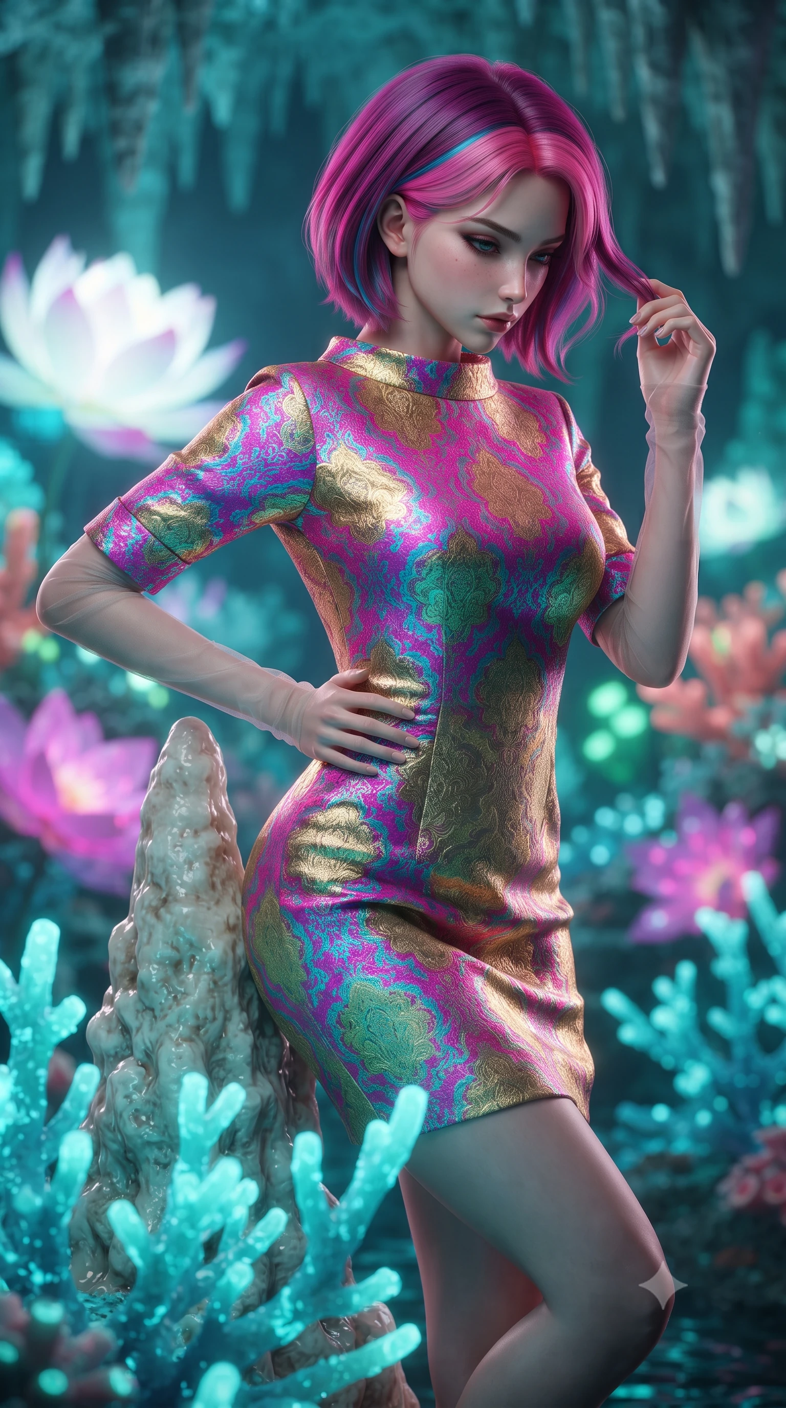 score_9, masterpiece, best quality, ultra-detailed, high-budget anime keyframe, editorial fashion photography, tasteful artistic composition, Caucasian woman. close-up cowboy shot from the waist and thighs up, the character dominates the composition, filling the frame with her large presence. twisting her slender torso in an alluring contrapposto stance, one hand resting on her sculpted hip while her fingers toy with her hair with effortless poise while leaning against the calcified stalagmite with hips cocked back, gazing down into glowing turquoise underwater coral branches with smoldering bedroom-eyes. The background shows a soft-focus giant glowing white and magenta lotus blossoms, pulsing fluorescent coral polyps, and stalactite ceiling blurred into turquoise, coral, and emerald bokeh. She has an exceptionally elegant, slender, and willowy female figure with an ultra-slim waist, flat toned midriff, narrow ribcage, and sculpted feminine hips creating an alluring, slim hourglass silhouette without bulk. sharp v-shaped jawline, high-bridge nose, intricate jewel-like sparkling eyes with depth, thick eyelashes, glossy parted lips with a natural peach sheen, bright cheerful beaming smile with an enchanting and coquettish sensual glint, exuding both youthful cute charm and seductive allure, flawlessly proportioned anatomical accuracy, strict slender model proportions, natural body alignment, perfectly sculpted long slender limbs, ultra-slim waistline, clean dynamic posture without body distortion. wearing an aristocratic gold-leaf jacquard brocade shift dress with high boat neckline and bracelet sleeves in Neo-Shinjuku neon magenta and electric cyan, woven from structured carbon-fiber jacquard with rich textural depth, complemented by sheer opera-length evening gloves tracing her slender arms, the impeccably tailored cut draping gracefully along her slender figure with aristocratic poise. illuminated by water caustics bounce and sharp aquamarine-pink rim lights defining her razor-sharp jawline, narrow waist, and curvy hips. ultra-reflective glossy finish, specular highlights, rich textural contrasts, high-contrast stereoscopic depth, volumetric dynamic lighting, 2k, ultra detail, master piece, 9:16 ratio