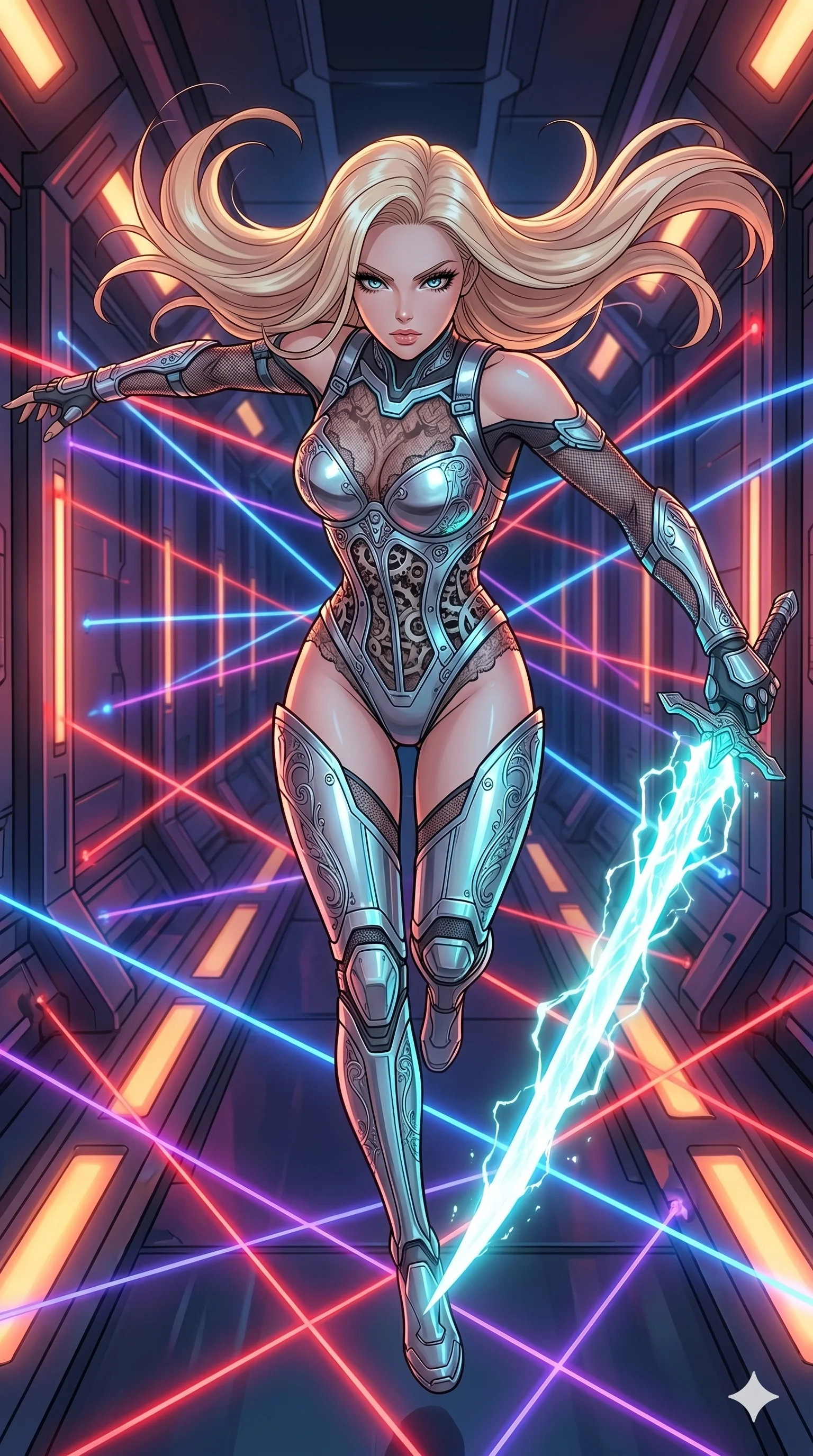 score_9, masterpiece, best quality, ultra-detailed, high-budget anime movie keyframe, cinematic anime lighting, intricate line art, Japanese woman. Extreme high angle shot as she leaps towards the camera, filling the frame. lunging forward with a shimmering energy blade in a corridor of lasers. She has an absolutely perfect 8-heads proportion, an exceptionally tall and slender female figure with an ultra-slim waist and impossibly long slender legs. strictly human anatomy, two legs only, no extra limbs, clearly defined legs and arms, perfect anatomy, perfect hands and fingers. sharp v-shaped jawline, high-bridge nose, intricate jewel-like eyes, thick eyelashes, glossy lips. Wearing Cyber-Tech Legacy: Asymmetrical high-cut tech-bodysuit with detached sleeves and chrome-plated corset over sheer lace. The scene is illuminated by dramatic atmospheric lighting and vibrant color palettes. , 2k, ultra detail, master piece, 9:16 ratio