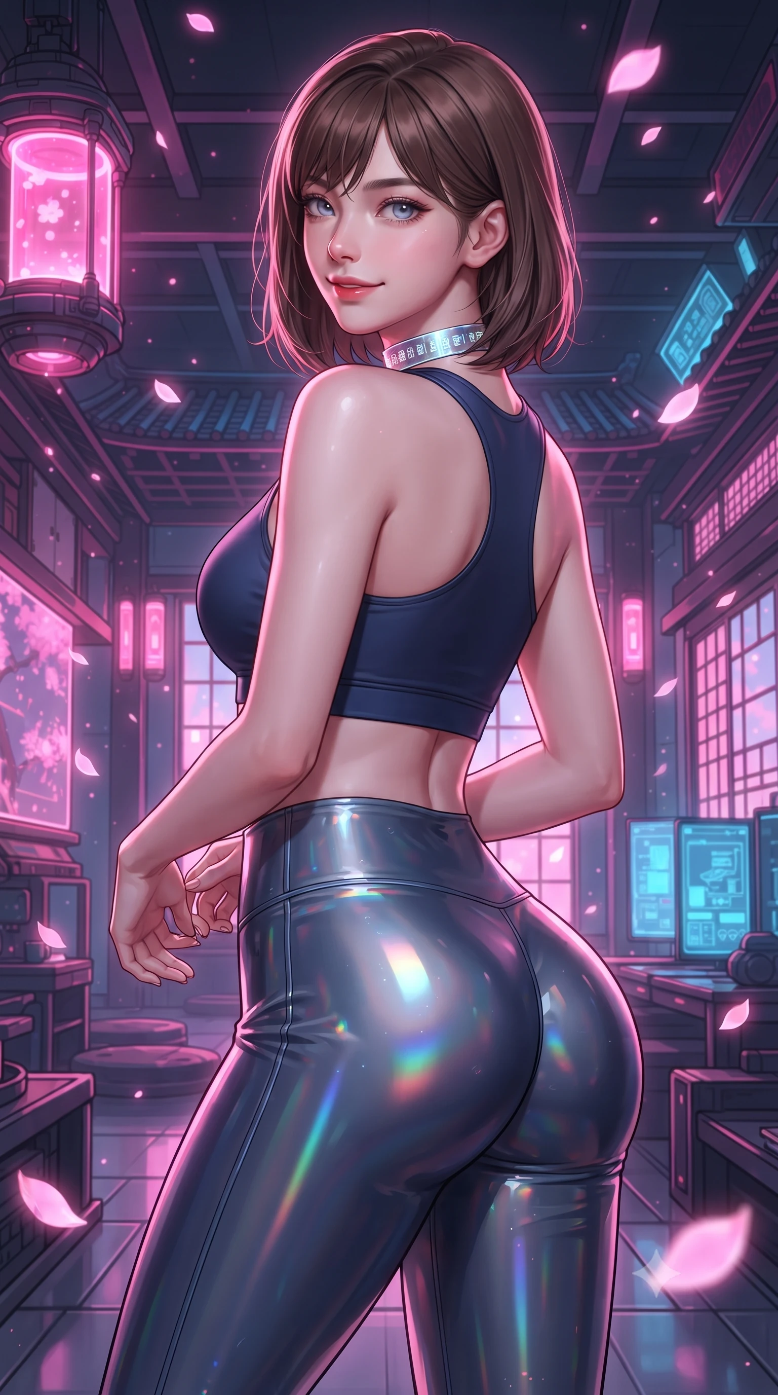 score_9, masterpiece, best quality, ultra-detailed, high-budget anime keyframe, editorial fashion photography, tasteful artistic composition, Korean woman. close-up cowboy shot from the waist and thighs up, the character dominates the composition, filling the frame with her large presence. posing in an alluring rear three-quarter angle, turning over a bare shoulder with an intoxicating gaze, her hips cocked back to highlight her slim hourglass curve against the glowing reactor while twisting her slender torso in an alluring S-curve as floating neon pink sakura petals drift past her tight suit and curvy hips. The surrounding environment is rendered in vivid detail and crisp panoramic clarity: detailed cyber suit weave, soft pink neon highlights on skin, and futuristic tea house architecture in high resolution. She has an exceptionally elegant, slender, and willowy female figure with an ultra-slim waist, flat toned midriff, narrow ribcage, and sculpted feminine hips creating an alluring, slim hourglass silhouette without bulk. sharp v-shaped jawline, high-bridge nose, intricate jewel-like sparkling eyes with depth, thick eyelashes, glossy parted lips with a natural sheen, bright confident smile with an enchanting and coquettish sensual glint, exuding both youthful magnetic charm and sovereign high-tech allure, flawlessly proportioned anatomical accuracy, strict slender model proportions, natural body alignment, perfectly sculpted long slender limbs, ultra-slim waistline, clean dynamic posture without body distortion. wearing a tactical racerback athletic crop top paired with skin-tight high-waisted holographic combat leggings in midnight navy blue and holographic iridescent shimmer, woven from layered gossamer holographic organza casting chromatic prism reflections, complemented by a high-tech holographic choker projecting miniature glyphs, the liquid-tight tailored fabric clinging flawlessly to her narrow waist and rounded feminine hips, emphasizing every millimeter of her sculpted slim hourglass curves without any bulky heaviness. illuminated by floor light panels and sharp rose-gold rim lighting sculpting her razor-sharp jawline, narrow waist, and curvy hips. ultra-reflective glossy finish, specular highlights, rich textural contrasts, high-contrast stereoscopic depth, volumetric dynamic lighting, 2k, ultra detail, master piece, 9:16 ratio