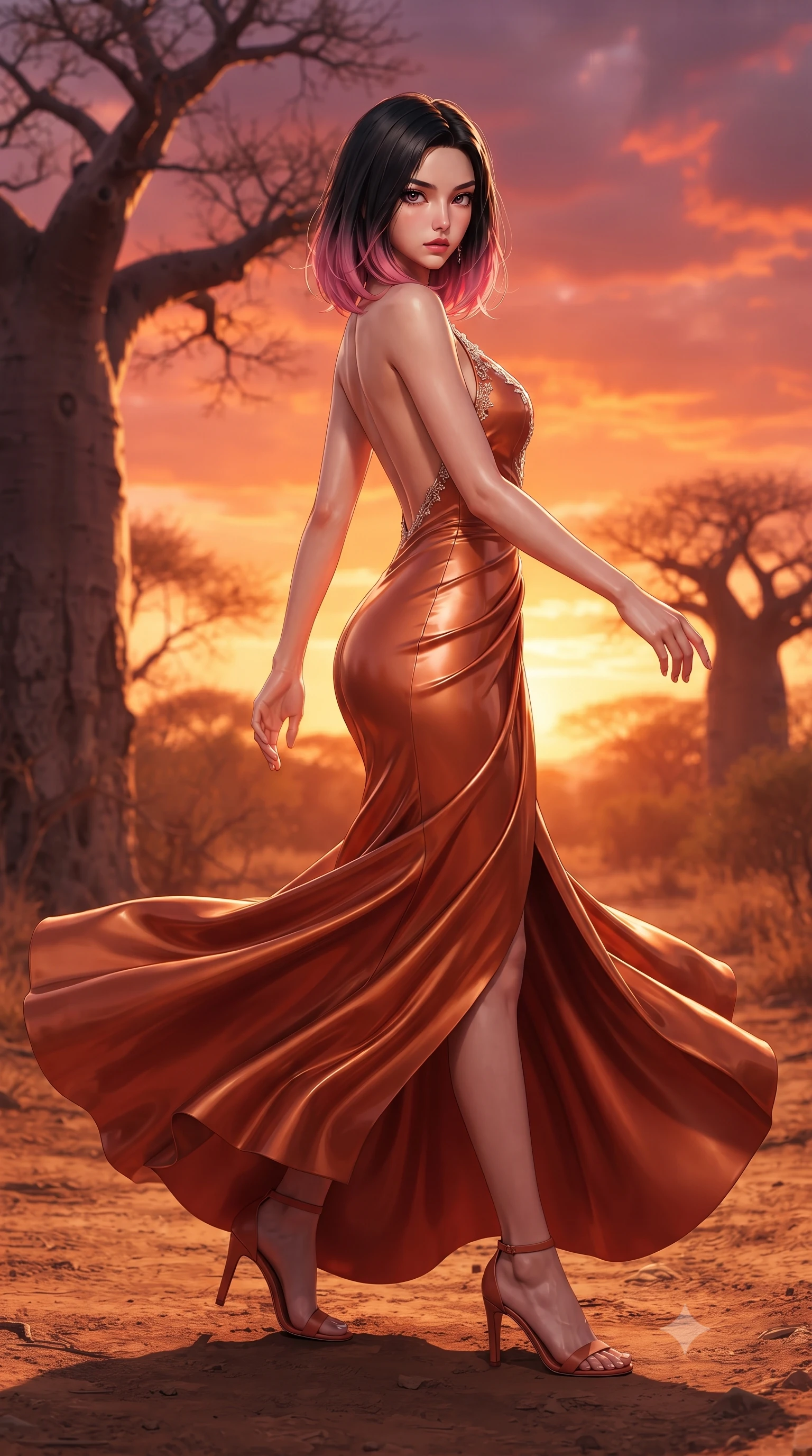 score_9, masterpiece, best quality, ultra-detailed, high-budget anime keyframe, editorial fashion photography, tasteful artistic composition, Korean woman. low angle full-body shot from head to toe showing her feet, filling the entire 9:16 vertical frame with her statuesque presence, stretching her vertical silhouette. executing an elegant mid-motion pivot turn as garments swirl around her slender limbs, glancing over her shoulder with an intoxicating bedroom-gaze while standing poised on the sun-baked earth, twisting her slender torso in an alluring S-curve as evening trade winds flutter her sheer safari gown. The surrounding environment is rendered in vivid detail and crisp panoramic clarity. sharp baobab bark fissures, red-earth road dust textures, and baobab crown branches in deep focus. She has an exceptionally tall and slender model-like 8.5-heads proportion, an ultra-slim waist, a flat toned midriff, narrow delicate ribcage, and beautifully sculpted feminine hips creating a graceful, slim hourglass silhouette without any bulky heaviness, with impossibly long slender legs. sharp v-shaped jawline, high-bridge nose, intricate jewel-like eyes with depth, thick eyelashes, glossy parted lips with a natural sheen, intensely captivating and seductive bedroom-eyes expression, flawlessly proportioned anatomical accuracy, strict slender model proportions, natural body alignment, perfectly sculpted long slender limbs, ultra-slim waistline, clean dynamic posture without body distortion. wearing an open-back duchess satin gala gown with a dramatic hip-hugging drape and cascading trailing hem in molten desert gold and burnt terracotta, tailored from second-skin aerodynamic stretch vinyl with specular wet sheen, finished with delicate crystal frost embroidery tracing the plunging neckline, the second-skin form-contouring cut accentuating her sculpted flat midriff, narrow delicate ribcage, and gracefully curvy hips with supermodel precision. bathed in breathtaking African sunset backlighting in rich shades of fire-orange and deep magenta. ultra-reflective glossy finish, specular highlights, rich textural contrasts, high-contrast stereoscopic depth, volumetric dynamic lighting, 2k, ultra detail, master piece, 9:16 ratio