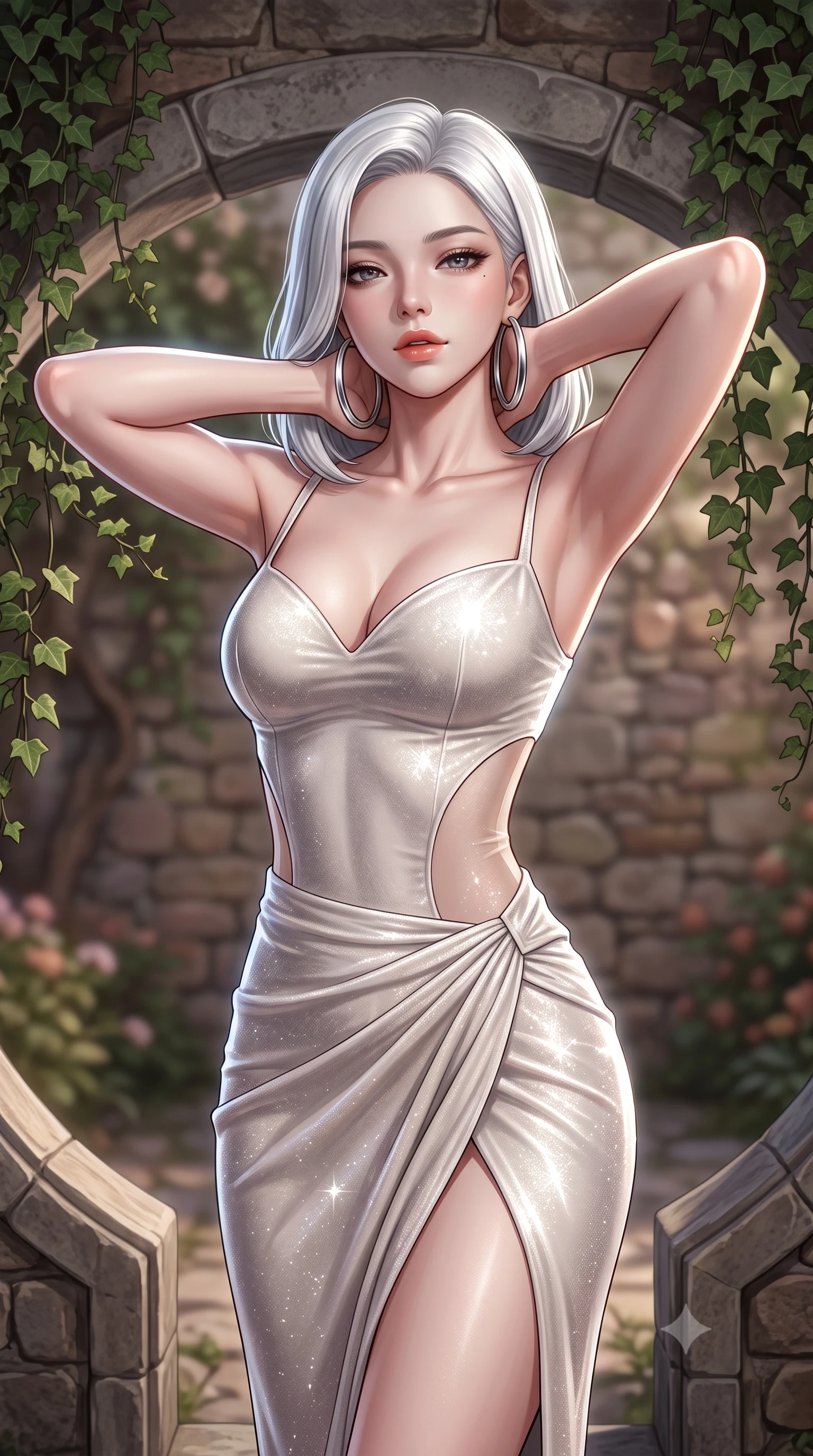 score_9, masterpiece, best quality, ultra-detailed, high-budget anime keyframe, semi-realistic 3D game render, editorial fashion photography, tasteful artistic composition, Korean woman. close-up cowboy shot from the waist and thighs up, the character dominates the composition, filling the frame with her large presence. resting both hands lightly behind her neck with elbows raised, arching her spine to highlight her narrow waist, flat midriff, and breathtaking collarbones while framed within the circular stone moon gate, arching her spine with enchanting siren grace as ivy trails around her shoulders. The background shows a soft-focus rustic stone masonry softened in intimate royal garden shallow focus. She has an exceptionally elegant, slender, and willowy female figure with an ultra-slim waist, flat toned midriff, narrow ribcage, and sculpted feminine hips creating an alluring, slim hourglass silhouette without bulk. sharp v-shaped jawline, high-bridge nose, sparkling eyes with hypnotic seductive depth, thick curled eyelashes, glossy parted lips with a natural dewy peach sheen, alluring bedroom-eyes with an enchanting coquettish smile, exuding magnetic siren charisma and sophisticated glamour, flawlessly proportioned anatomical accuracy, strict slender model proportions, natural body alignment, perfectly sculpted long slender limbs, ultra-slim waistline, clean dynamic posture without body distortion. wearing a deep sweetheart-neckline velvet bodycon dress with sheer side-torso cutouts accentuating her hourglass curves in pure pearl alabaster with platinum sheen, woven from stretch metallic lurex jersey casting radiant starlight glints across her silhouette, accented with oversized polished chrome hoop earrings catching the ambient neon glow, the high-slit wrap tailoring accentuating her ultra-slim waistline and the enchanting curve of her feminine hips with alluring seductive charm. illuminated by stone bounce fill and sharp platinum rim lights defining her collarbones, narrow waist, and curvy hips. highly saturated vibrant anime colors, detailed shading with soft gradients, rich glossy textures, high-contrast stereoscopic depth, volumetric dynamic lighting, master piece, 9:16 ratio