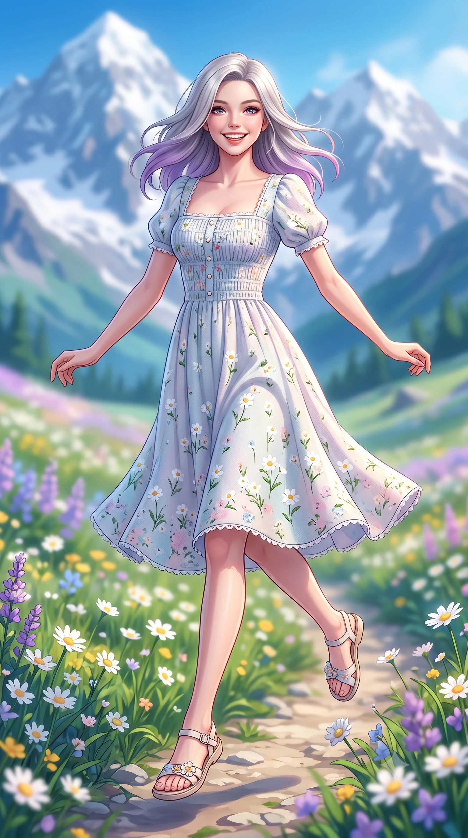 score_9, masterpiece, best quality, ultra-detailed, high-budget anime keyframe, semi-realistic 3D game render, editorial fashion photography, tasteful artistic composition, Caucasian woman. low angle full-body shot from head to toe showing her feet, filling the entire 9:16 vertical frame with her statuesque presence, stretching her vertical silhouette. leaping with lighthearted youthful energy across the natural path with a dazzling bright smile and balanced athletic poise while strolling gracefully through vibrant alpine wildflower fields under dramatic snow-capped peaks with a beaming bright smile. The composition keeps background elements in soft focus with creamy bokeh. blooming alpine meadows and distant snowcapped mountain peaks blurred into creamy azure, emerald, and pastel violet bokeh. She has an absolutely perfect, statuesque 8.5-heads proportion, an exceptionally tall and slender model-like female figure with impossibly long slender legs, a toned flat midriff, and an ultra-slim waist. sharp v-shaped jawline, high-bridge nose, intricate jewel-like eyes with depth, thick eyelashes, glossy lips with a natural sheen, pure and lovely fresh girlhood expression, flawlessly proportioned anatomical accuracy, strict slender model proportions, natural body alignment, perfectly sculpted long slender limbs, ultra-slim waistline, clean dynamic posture without body distortion. wearing a sweet square-neck smocked midi dress decorated with delicate wildflower patterns in fresh alpine white with subtle pastel floral accents, tailored from soft pastel lightweight wool blend with subtle texture, finished with delicate scallop trims and tiny pearl buttons, the tailored casual silhouette highlighting her fresh and youthful presence and perfectly proportioned slender frame. surrounded by a fresh, uplifting, and enchantingly pure alpine girlhood aura. highly saturated vibrant anime colors, detailed shading with soft gradients, rich glossy textures, high-contrast stereoscopic depth, volumetric dynamic lighting, master piece, 9:16 ratio