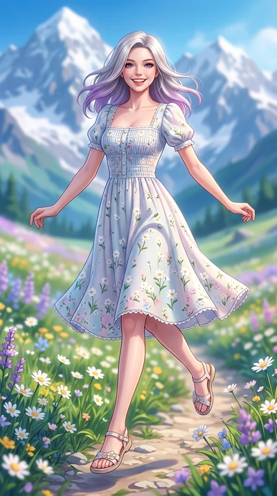 score_9, masterpiece, best quality, ultra-detailed, high-budget anime keyframe, semi-realistic 3D game render, editorial fashion photography, tasteful artistic composition, Caucasian woman. low angle full-body shot from head to toe showing her feet, 