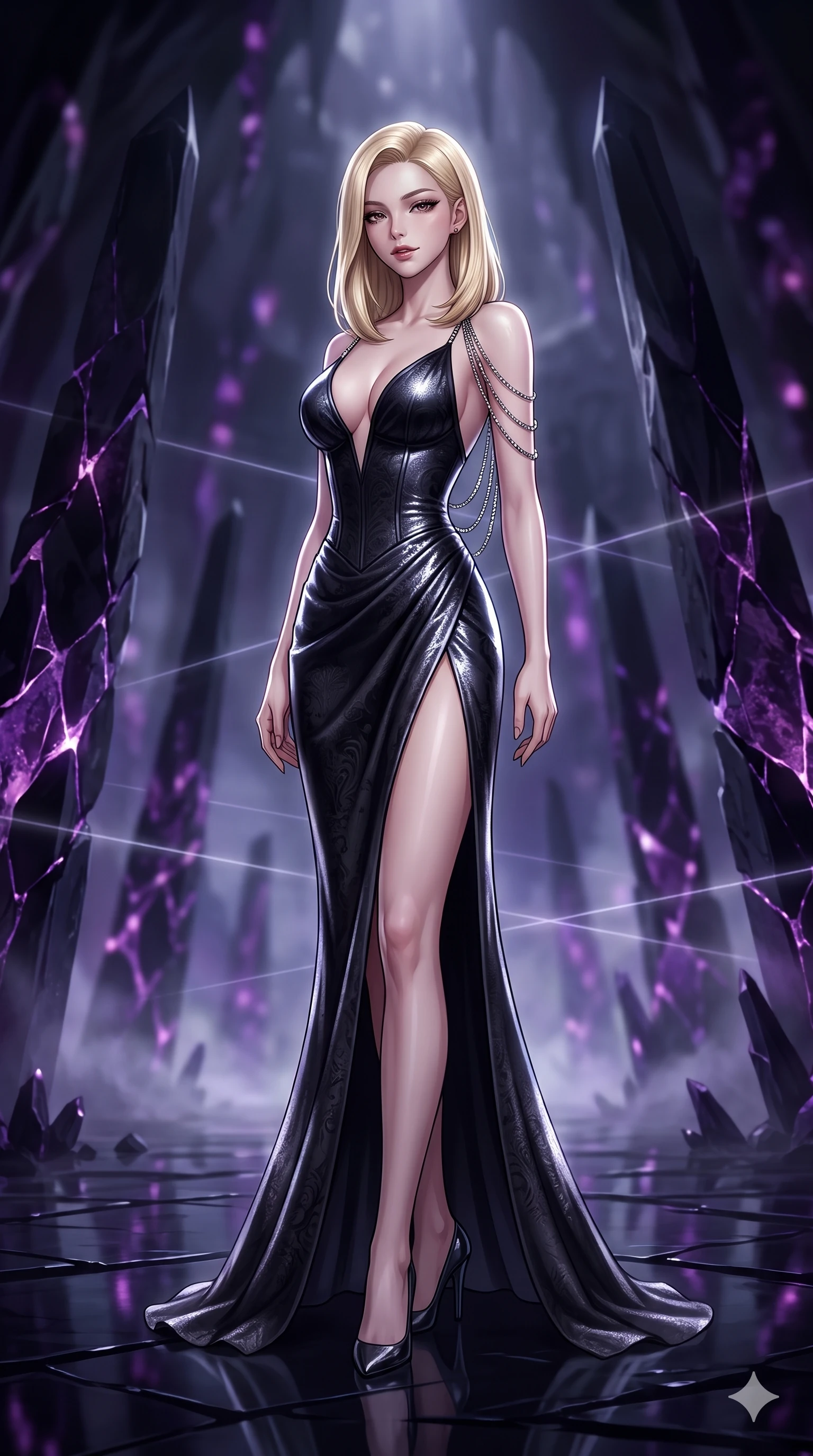 score_9, masterpiece, best quality, ultra-detailed, high-budget anime keyframe, semi-realistic 3D game render, editorial fashion photography, tasteful artistic composition, Korean woman. low angle full-body shot from head to toe showing her feet, filling the entire 9:16 vertical frame with her statuesque presence, stretching her vertical silhouette. poised on the dark reflective floor while laser grids scan the room, her statuesque silhouette commanding the frame while navigating an obsidian needle monolith chamber illuminated by dark violet crystal veins, glowing amethyst veins in the obsidian walls casting an eerie inner glow. The background shows a soft-focus towering black obsidian needle monoliths, branching violet crystal veins, and subterranean mist blurred into amethyst, violet, and obsidian bokeh. She has an absolutely perfect, statuesque 8.5-heads proportion, an exceptionally tall and slender model-like female figure with impossibly long slender legs, an ultra-slim waist, a flat toned midriff, narrow delicate ribcage, and beautifully sculpted feminine hips creating a graceful, slim hourglass silhouette without any bulky heaviness. sharp v-shaped jawline, high-bridge nose, intricate jewel-like dark sparkling eyes with hypnotic seductive depth, thick curled eyelashes, glossy parted lips with a natural wine sheen, alluring bedroom-eyes with an enigmatic smoldering smile, exuding magnetic sovereign charisma and dark avant-garde glamour, flawlessly proportioned anatomical accuracy, strict slender model proportions, natural body alignment, perfectly sculpted long slender limbs, ultra-slim waistline, clean dynamic posture without body distortion. wearing a low-cut gothic structured bodice gown with high leg slit in pure obsidian monochrome with subtle metallic sheen, tailored from rich silk jacquard with subtle embossed baroque patterns, accented with an open-back drape framed by falling strands of delicate chrome chains, the liquid-tight tailored fabric clinging flawlessly to her narrow waist and rounded feminine hips, emphasizing every millimeter of her sculpted slim hourglass curves without any bulky heaviness. lit by cold silver beams and violet crystal luminescence cutting through pitch-black subterranean darkness. highly saturated vibrant anime colors, detailed shading with soft gradients, rich glossy textures, high-contrast stereoscopic depth, volumetric dynamic lighting, master piece, 9:16 ratio
