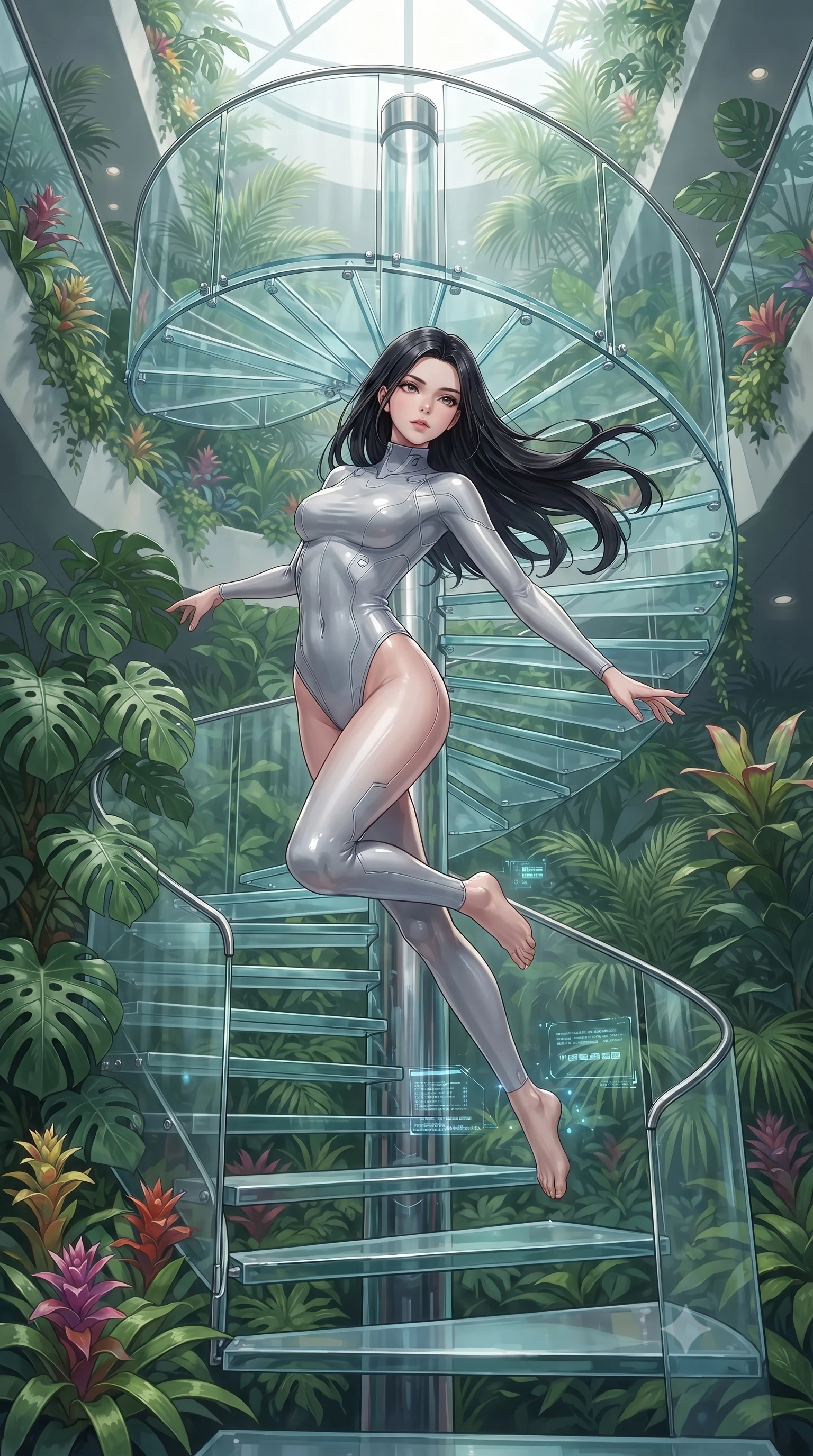 performing an athletic mid-air rotation with flawless poise, ascending a vertical glass spiral staircase enveloped by tropical foliage
