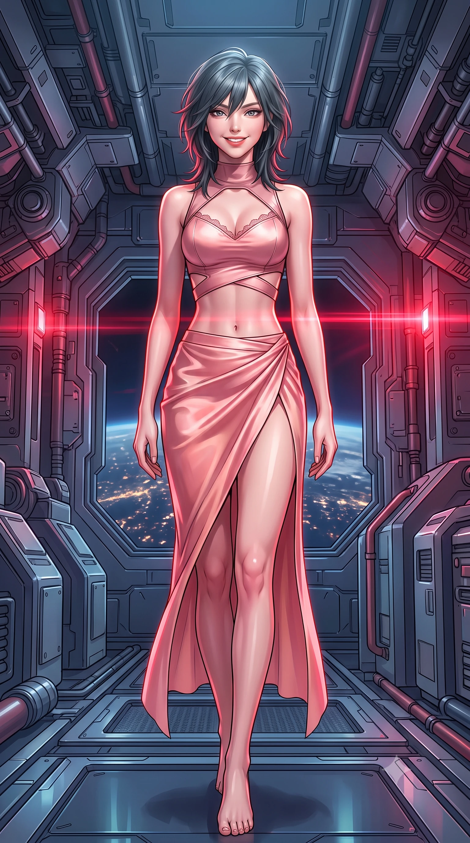 score_9, masterpiece, best quality, ultra-detailed, high-budget anime keyframe, semi-realistic 3D game render, editorial fashion photography, tasteful artistic composition, Caucasian woman. low angle full-body shot from head to toe showing her feet, filling the entire 9:16 vertical frame with her statuesque presence, stretching her vertical silhouette. stepping slowly toward the camera with hypnotic grace, hips swaying in an alluring sensual rhythm that accentuates her curvy hourglass silhouette and long slender legs while twisting her slender torso in an alluring S-curve, deep crimson battle-stations strobes and planetary city lights criss-crossing across her flat midriff and hourglass curves. The surrounding environment is rendered in vivid detail and crisp panoramic clarity: detailed anime combat styling, glossy highlights, and heavy military orbital hardware in high resolution. She has an exceptionally tall and slender model-like 8.5-heads proportion, an ultra-slim waist, a flat toned midriff, narrow delicate ribcage, and beautifully sculpted feminine hips creating a graceful, slim hourglass silhouette without any bulky heaviness, with impossibly long slender legs. sharp v-shaped jawline, high-bridge nose, intricate jewel-like sparkling eyes with depth, thick eyelashes, glossy parted lips with a natural peach sheen, bright cheerful beaming smile with an enchanting and coquettish sensual glint, exuding both youthful cute charm and seductive allure, flawlessly proportioned anatomical accuracy, strict slender model proportions, natural body alignment, perfectly sculpted long slender limbs, ultra-slim waistline, clean dynamic posture without body distortion. wearing an alluring tactical crop top with asymmetrical side-rib cutouts and high-neck collar paired with a high-slit wrap skirt in Solaris liquid rose-quartz and alien peach, crafted from fluid liquid silk satin that clings smoothly to her narrow waist and rounded hips with a dewy sheen, finished with scalloped eyelash lace trim framing her sweetheart neckline with intimate elegance, the second-skin tailored fabric adhering flawlessly to her sculpted flat midriff and slender torso, emphasizing her long leg lines and perfectly proportioned willowy build. illuminated by gun deck reflection bounce and sharp ruby-red rim lights defining her jawline, narrow waist, and curvy hips. highly saturated vibrant anime colors, detailed shading with soft gradients, rich glossy textures, high-contrast stereoscopic depth, volumetric dynamic lighting, master piece, 9:16 ratio