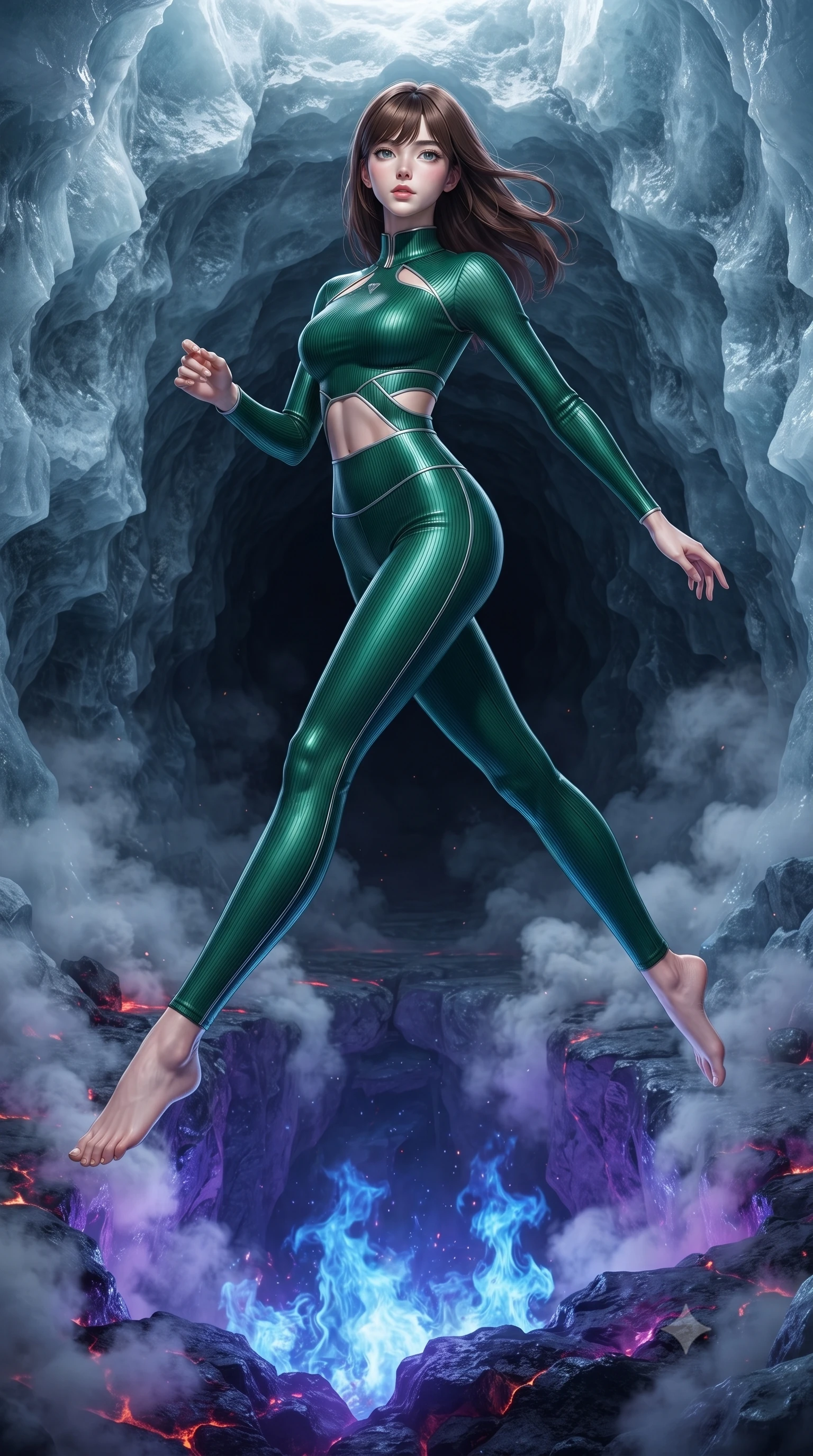 score_9, masterpiece, best quality, ultra-detailed, high-budget anime keyframe, editorial fashion photography, tasteful artistic composition, Korean woman. low angle full-body shot from head to toe showing her feet, filling the entire 9:16 vertical frame with her statuesque presence, stretching her vertical silhouette. leaping gracefully through the environment with statuesque elegance and long slender legs resting near an ice cave entrance as subterranean cobalt flames pulse below, steam clouds rising from lava cracks reflecting deep violet and indigo. She has an absolutely perfect, statuesque 8.5-heads proportion, an exceptionally tall and slender model-like female figure with impossibly long slender legs and an ultra-slim waist. sharp v-shaped jawline, high-bridge nose, intricate jewel-like eyes with depth, thick eyelashes, glossy lips with a natural sheen. wearing a form-fitting ribbed activewear set with collar cutouts in deep emerald green and silver accent, formed from sleek second-skin neoprene, featuring subtle geometric cutouts that highlight her ultra-slim midriff, the elegant draped fit framing her graceful clavicle and slender torso. surrounded by an extraordinary elemental clash radiance. ultra-reflective glossy finish, specular highlights, metallic sheen, high-contrast stereoscopic depth, volumetric dynamic lighting, 2k, ultra detail, master piece, 9:16 ratio
