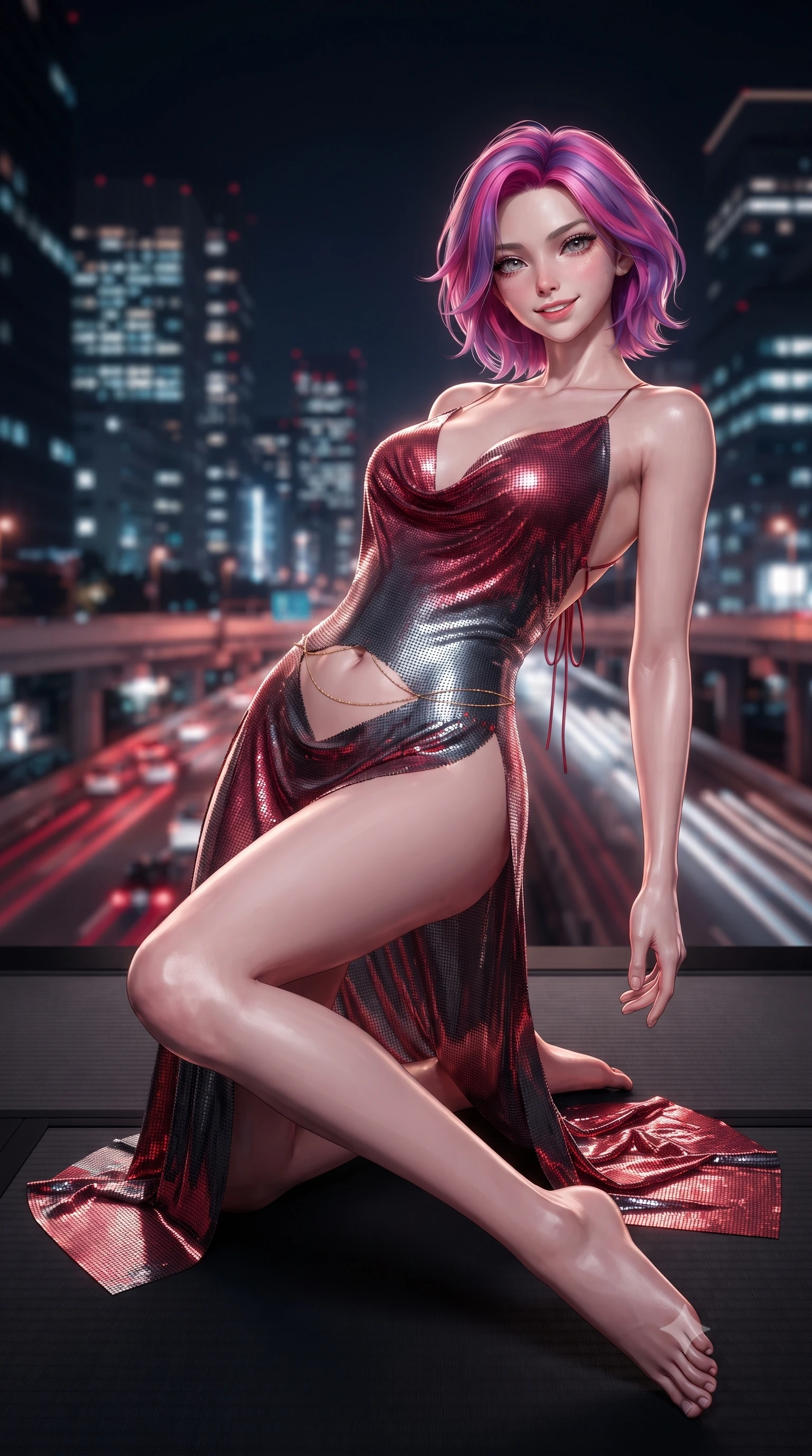 score_9, masterpiece, best quality, ultra-detailed, high-budget anime keyframe, editorial fashion photography, tasteful artistic composition, Caucasian woman. low angle full-body shot from head to toe showing her feet, filling the entire 9:16 vertical frame with her statuesque presence, stretching her vertical silhouette. lounging on the lavish daybed with legs crossed and hips angled toward the camera, displaying her toned midriff and long slender limbs with effortless siren poise while kneeling gracefully on the matte black washi tatami with hips angled back, arching her spine with seductive traditional-modern allure. The background shows a soft-focus glittering sea of Tokyo night skyscrapers, moving red vehicle light trails on expressway overpasses, and dark night sky blurred into ruby, obsidian, and platinum bokeh. She has an absolutely perfect, statuesque 8.5-heads proportion, an exceptionally tall and slender model-like female figure with impossibly long slender legs, an ultra-slim waist, a flat toned midriff, narrow delicate ribcage, and beautifully sculpted feminine hips creating a graceful, slim hourglass silhouette without any bulky heaviness. sharp v-shaped jawline, high-bridge nose, sparkling eyes with hypnotic seductive depth, thick curled eyelashes, glossy parted lips with a natural dewy peach sheen, alluring bedroom-eyes with an enchanting coquettish smile, exuding magnetic siren charisma and sophisticated glamour, flawlessly proportioned anatomical accuracy, strict slender model proportions, natural body alignment, perfectly sculpted long slender limbs, ultra-slim waistline, clean dynamic posture without body distortion. wearing a plunging cowl-neck liquid cashmere-silk slip gown with daring hip-high double slits and delicate back ties in rich cherry lacquer and smoky charcoal, crafted from shimmering fluid chainmail mesh reflecting ambient lights, accented with a dainty gold belly chain resting across her flat midriff and curving hips, the form-contouring silhouette accentuating her sculpted flat midriff, narrow delicate ribcage, and gracefully curvy hips with intoxicating allure. illuminated by black lacquer reflection bounce and sharp platinum-gold rim lights sculpting her jawline, narrow waist, and curvy hips. ultra-reflective glossy finish, specular highlights, rich textural contrasts, high-contrast stereoscopic depth, volumetric dynamic lighting, 2k, ultra detail, master piece, 9:16 ratio