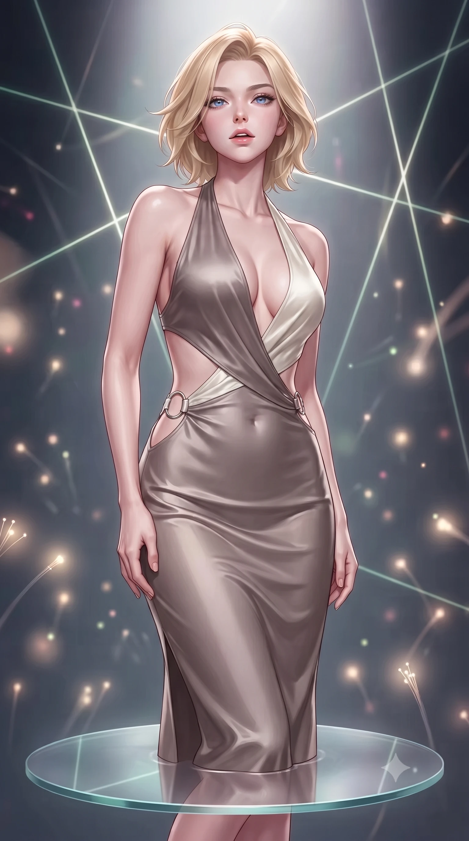 score_9, masterpiece, best quality, ultra-detailed, high-budget anime keyframe, editorial fashion photography, tasteful artistic composition, Caucasian woman. close-up cowboy shot from the waist and thighs up, the character dominates the composition, filling the frame with her large presence, background elements kept in soft focus. Tilting her chin up slightly with lips parted in a magnetic, composed expression poised on a floating glass disk suspended inside a geometric light matrix, glowing fiber optic motes drifting like fireflies in the background. She has an exceptionally elegant, slender, and willowy female figure with an ultra-slim waist, a gracefully sculpted slender torso, and a refined silhouette. sharp v-shaped jawline, high-bridge nose, intricate jewel-like eyes with depth, thick eyelashes, glossy lips with a natural sheen. wearing a deep-scoop halter bodycon dress with hip cutouts connected by silver rings in muted taupe and soft ivory, crafted from lustrous satin jersey with fluid draping, accented with a Tasteful chest slit framing her clavicle gracefully, the elegant draped fit framing her graceful clavicle and slender torso. bathed in sharp geometric laser grid highlights and soft ambient fill. highly saturated vibrant anime colors, detailed shading with soft gradients, rich glossy textures, high-contrast stereoscopic depth, volumetric dynamic lighting, master piece, 9:16 ratio