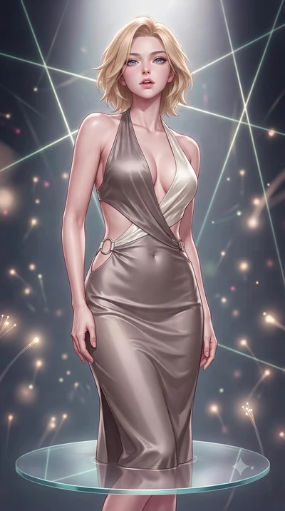 score_9, masterpiece, best quality, ultra-detailed, high-budget anime keyframe, editorial fashion photography, tasteful artistic composition, Caucasian woman. close-up cowboy shot from the waist and thighs up, the character dominates the composition,