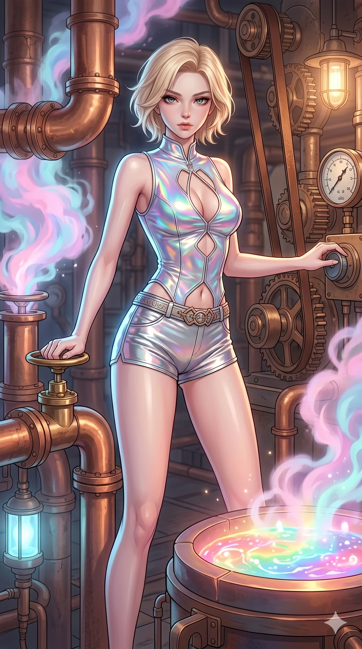 score_9, masterpiece, best quality, ultra-detailed, high-budget anime keyframe, Korean woman. upper body close-up from the thighs up, character filling the screen for maximum presence. operating a steampunk aurora foundry surrounded by massive copper pipes and leather belts, where pastel aurora gas billows from valves and liquid rainbow energy boils in a crucible. She has an absolutely perfect 8-heads proportion, an exceptionally tall and slender female figure with impossibly long slender legs and an ultra-slim waist. V-shaped jawline, high-bridge nose, intricate jewel-like eyes with depth, thick eyelashes, glossy lips with a natural sheen.. wearing a holographic liquid silk vest and silver metallic micro-shorts, featuring a keyhole cutout and form-fitting silhouette. lit by a soft glowing ambient light and a sharp side key light that traces the sleek contours of her athletic build. 2k, ultra detail, master piece, 9:16 ratio