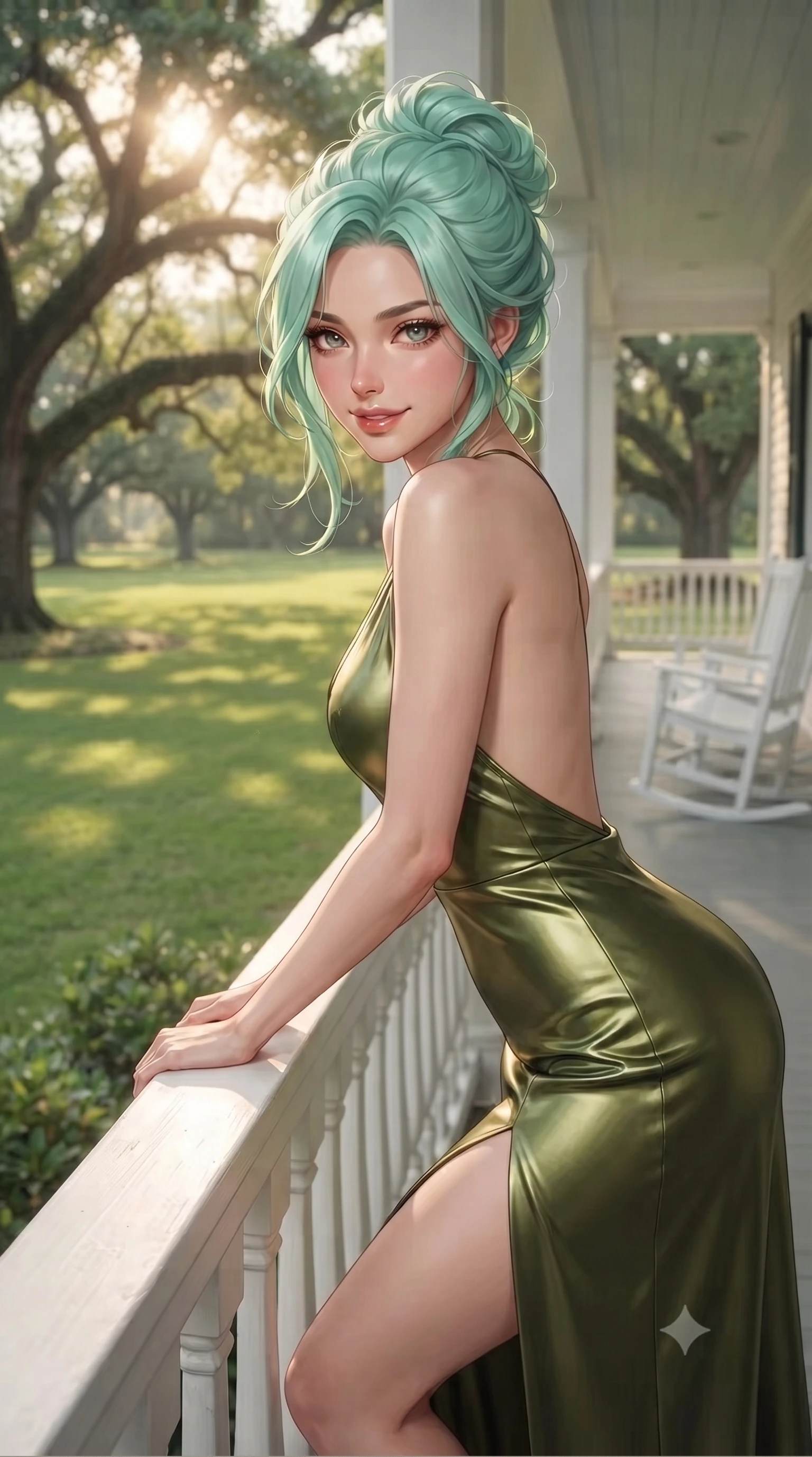 score_9, masterpiece, best quality, ultra-detailed, high-budget anime keyframe, editorial fashion photography, tasteful artistic composition, Japanese woman woman. close-up cowboy shot from the waist and thighs up, the character dominates the composition, filling the frame with her large presence, background elements kept in soft focus. leaning slightly forward with a playful, teasing smile, her gaze locked onto the viewer the background shows a soft-focus a wide white veranda with rocking chairs, overlooking a large green lawn with oak trees. She has an exceptionally elegant, slender, and willowy female figure with an ultra-slim waist, a gracefully sculpted slender torso, and a refined silhouette. sharp v-shaped jawline, high-bridge nose, intricate jewel-like eyes with depth, thick eyelashes, glossy lips with a natural sheen. wearing a slim-fit dramatic open-back maxi dress in olive green, featuring a high thigh slit. soft late afternoon sunbeams casting a nostalgic, peaceful glow. ultra-reflective glossy finish, specular highlights, metallic sheen, high-contrast stereoscopic depth, volumetric dynamic lighting, 2k, ultra detail, master piece, 9:16 ratio
