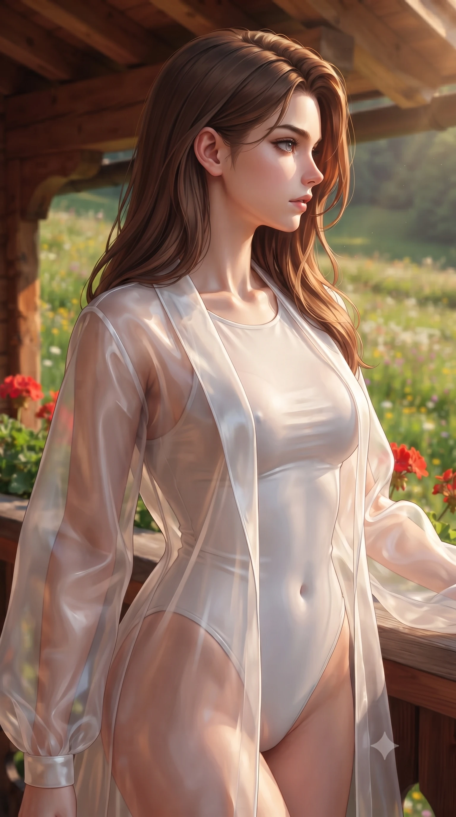 score_9, masterpiece, best quality, ultra-detailed, high-budget anime keyframe, editorial fashion photography, tasteful artistic composition, Korean woman woman. close-up cowboy shot from the waist and thighs up, the character dominates the composition, filling the frame with her large presence, background elements kept in soft focus. turning her face in sharp profile, casting a cold, mysterious, yet intensely alluring side gaze, the background shows a soft-focus a wooden balcony of a Swiss chalet decorated with red geraniums, looking at green meadows. She has an exceptionally elegant, slender, and willowy female figure with an ultra-slim waist, a gracefully sculpted slender torso, and a refined silhouette. sharp v-shaped jawline, high-bridge nose, intricate jewel-like eyes with depth, thick eyelashes, glossy lips with a natural sheen. wearing a tailored semi-transparent white organza resort cover-up worn over a form-fitting one-piece swimsuit. warm afternoon sunbeams coloring the wooden beams and flowers in vivid tones. ultra-reflective glossy finish, specular highlights, metallic sheen, high-contrast stereoscopic depth, volumetric dynamic lighting, 2k, ultra detail, master piece, 9:16 ratio