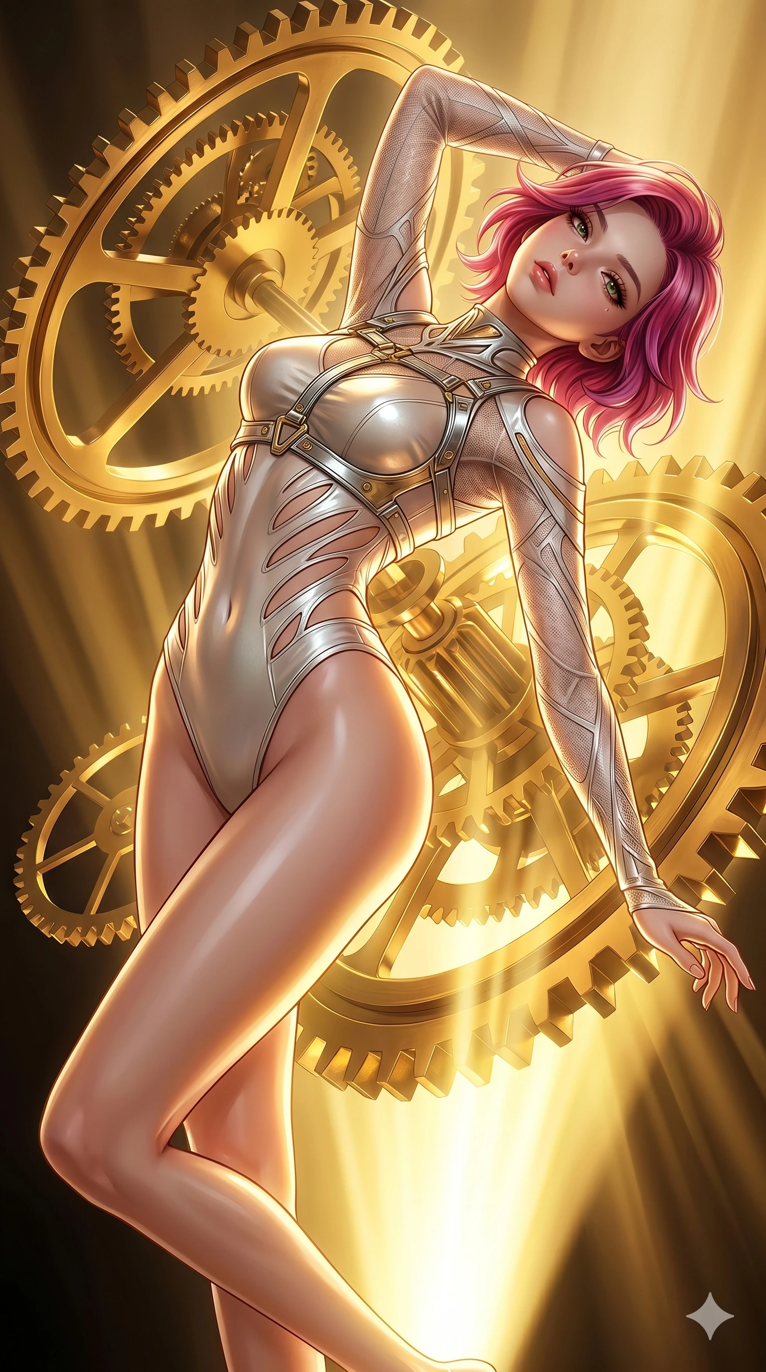score_9, masterpiece, best quality, ultra-detailed, high-budget anime keyframe, editorial fashion photography, tasteful artistic composition, Caucasian woman, strictly human ears. Upper body close-up from the thighs up, character filling the screen for maximum presence. She is intertwined with massive floating gold gears and clockwork mechanisms suspended in a void. She arches her spine backwards, looking at the camera with a dreamy, sensual gaze. She has an absolutely perfect 8-heads proportion, an exceptionally tall and slender female figure with impossibly long slender legs and an ultra-slim waist. V-shaped jawline, high-bridge nose, intricate jewel-like eyes with depth, thick eyelashes, glossy lips with a natural sheen. She is wearing an ultra-sleek high-cut tech-bodysuit featuring dangerous diagonal slitted cutouts on the midriff and shoulders, reinforced by a metallic silver harness and sheer mesh sleeves. The scene is illuminated by warm, blindingly bright golden spotlights and sharp volumetric light rays. 2k, ultra detail, master piece, 9:16 ratio