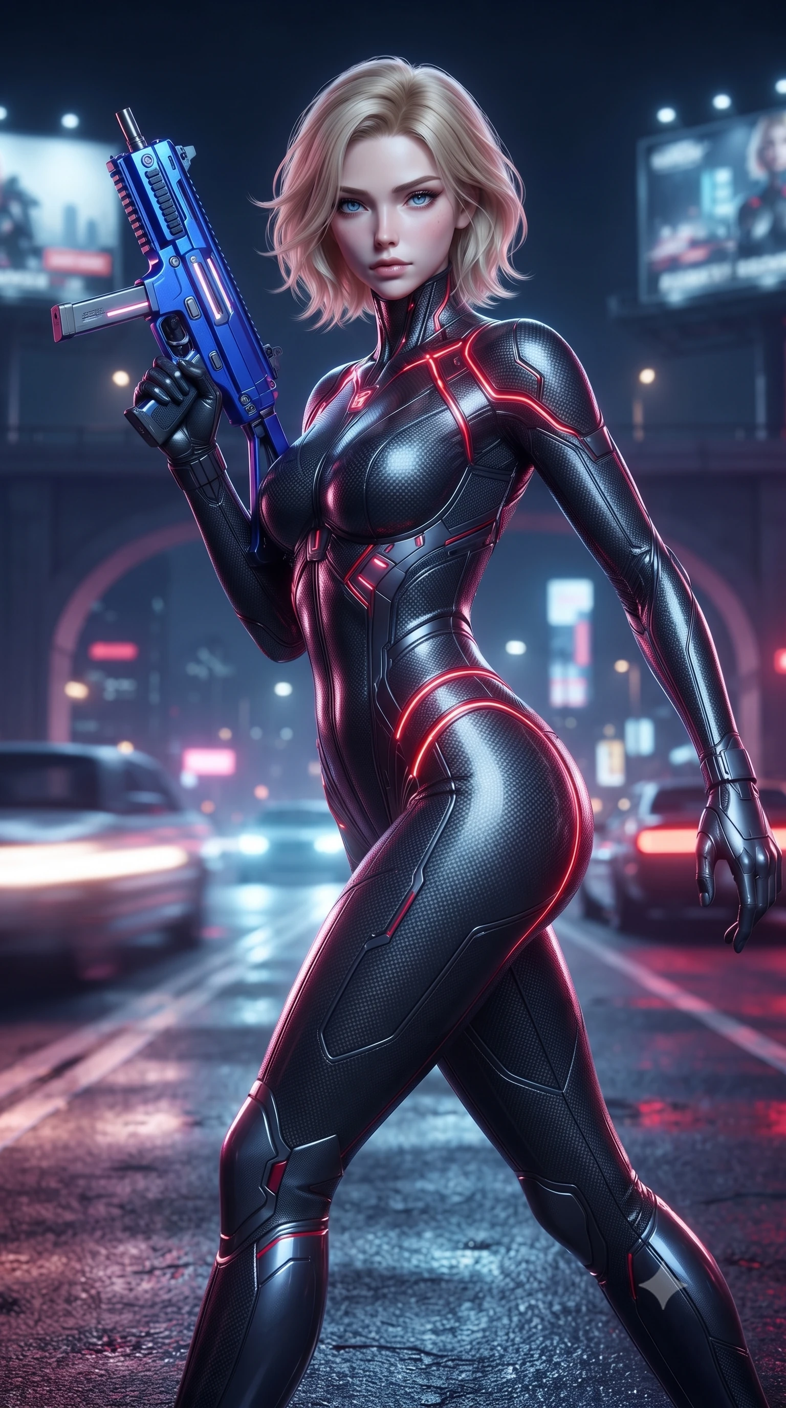 score_9, masterpiece, best quality, ultra-detailed, high-budget anime keyframe, editorial fashion photography, tasteful artistic composition, Caucasian woman. close-up cowboy shot from the waist and thighs up, the character dominates the composition, filling the frame with her large presence. twisting her upper body in a dynamic S-curve combat stance, one hand steadying her weapon with commanding supermodel allure while striding commanding down an elevated neon-lit expressway as autonomous cyber-traffic speeds past in blurred light trails. The composition keeps background elements in soft focus with creamy bokeh. expressway overpass arches and towering billboard scaffoldings softened in moody shallow depth of field. She has an exceptionally elegant, slender, and willowy female figure with an ultra-slim waist, a gracefully sculpted slender torso, toned flat midriff, and a refined slim silhouette. sharp v-shaped jawline, high-bridge nose, intricate jewel-like eyes with depth, thick eyelashes, glossy lips with a natural sheen, flawlessly proportioned anatomical accuracy, strict slender model proportions, natural body alignment, perfectly sculpted long slender limbs, ultra-slim waistline, clean dynamic posture without body distortion. wearing a second-skin dark gunmetal carbon-weave battle-suit with crimson laser conduits, brandishing a sleek high-tech composite submachine weapon with effortless allure in electric cobalt blue carbon with polished platinum trim, made of lightweight aerodynamic carbon-titanium alloy with polished edge bevels, accented with glowing fiber-optic conduits tracing her collarbones and hip curves, the sleek second-skin cut tightly hugging her graceful clavicle, narrow waist, and feminine curves with athletic precision. surrounded by a fast, fierce, and intoxicatingly seductive cyber-assassin muse aura. ultra-reflective glossy finish, specular highlights, dark metallic sheen, high-contrast stereoscopic depth, volumetric dynamic lighting, 2k, ultra detail, master piece, 9:16 ratio
