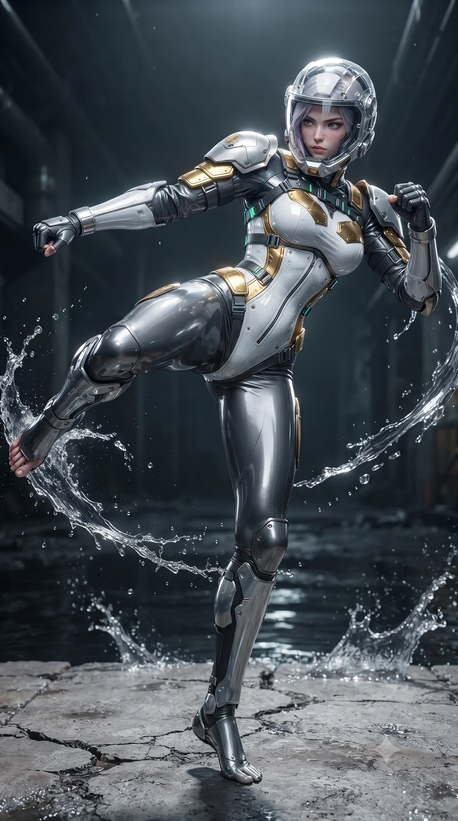 score_9, masterpiece, best quality, ultra-detailed, high-budget anime keyframe, editorial fashion photography, tasteful artistic composition, Caucasian woman. low angle full-body shot from head to toe showing her feet, filling the entire 9:16 vertical frame with her statuesque presence, stretching her vertical silhouette. pivoting dynamically in a high-speed low sweep kick along the cracked concrete, her athletic torso and ultra-slim waist twisting in a fluid arc of power while executing a soaring 180-degree spinning hook kick above black industrial floodwaters with reinforced kinetic shin guards spraying water arcs. The surrounding environment is rendered in vivid detail and crisp panoramic clarity. sharp water droplet spray crests, razor-sharp shin guard plating seams, and wet carbon fiber in deep focus. She has an absolutely perfect, statuesque 8.5-heads proportion, an exceptionally tall and slender model-like female figure with impossibly long slender legs, a toned flat midriff, and an ultra-slim waist. sharp v-shaped jawline, high-bridge nose, intricate jewel-like eyes with depth, thick eyelashes, glossy lips with a natural sheen, fierce and resolute heroine expression, flawlessly proportioned anatomical accuracy, strict slender model proportions, natural body alignment, perfectly sculpted long slender limbs, ultra-slim waistline, clean dynamic posture without body distortion. wearing a crystal-clear transparent armored riot-visor helmet showing her entire beautiful face and determined expression with pristine clarity, paired with a statuesque high-fashion cyber-warrior armor suit with platinum bevels, heavy articulated shoulder guards, and an ultra-slim waist-cinching corset in arctic white carbon composite with scratched solar gold armor plating, made of liquid carbon-jersey fabric accentuating every curve of her tall, slender model proportions, reinforced by a heavy-duty titanium tactical harness and glowing micro-energy status straps, the liquid-tight tailored fabric emphasizing every curve of her tall, slender model proportions and sculptured silhouette during dynamic movement. illuminated by wet reflective highlights tracing her sculpted collarbones, waistline, and long slender legs. ultra-reflective glossy finish, specular highlights, dark metallic sheen, high-contrast stereoscopic depth, volumetric dynamic lighting, 2k, ultra detail, master piece, 9:16 ratio