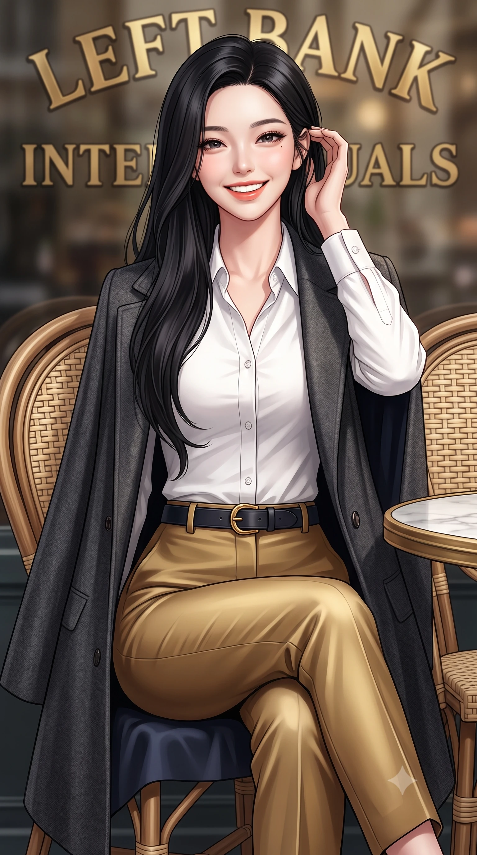 score_9, masterpiece, best quality, ultra-detailed, high-budget anime keyframe, semi-realistic 3D game render, editorial fashion photography, tasteful artistic composition, Korean woman. close-up cowboy shot from the waist and thighs up, the character dominates the composition, filling the frame with her large presence. gently brushing a lock of hair behind her ear with one hand while flashing a radiant, joyful smile while leaning back slightly against the wicker rattan café chair, ankles crossed, enjoying the crisp autumn air with effortless chic. The background shows a soft-focus brass café lettering on glass softened in romantic Left Bank intellectual shallow focus. She has an exceptionally elegant, slender, and willowy female figure with an ultra-slim waist, flat toned midriff, narrow ribcage, and sculpted feminine hips creating an alluring, slim hourglass silhouette without bulk. sharp v-shaped jawline, high-bridge nose, intricate jewel-like sparkling eyes with depth, thick eyelashes, glossy parted lips with a natural peach sheen, bright cheerful beaming smile with an enchanting and coquettish sensual glint, exuding both youthful cute charm and seductive allure, flawlessly proportioned anatomical accuracy, strict slender model proportions, natural body alignment, perfectly sculpted long slender limbs, ultra-slim waistline, clean dynamic posture without body distortion. wearing an elegant tailored cape coat in brushed wool worn over a crisp white cotton shirt and tailored cigarette pants in Ginza vintage brass gold and midnight navy, crafted from fluid mulberry silk twill with an understated lustrous pearl finish, finished with a smooth equestrian bridle-leather belt with a polished brass horseshoe buckle, the expertly draped wool fabric falling in crisp fluid lines along her tall 8.5-heads silhouette, celebrating her slender frame without excess fabric bulk. illuminated by zinc counter and marble tabletop bounce with delicate platinum rim lights sculpting her features and slender waist. highly saturated vibrant anime colors, detailed shading with soft gradients, rich glossy textures, high-contrast stereoscopic depth, volumetric dynamic lighting, master piece, 9:16 ratio