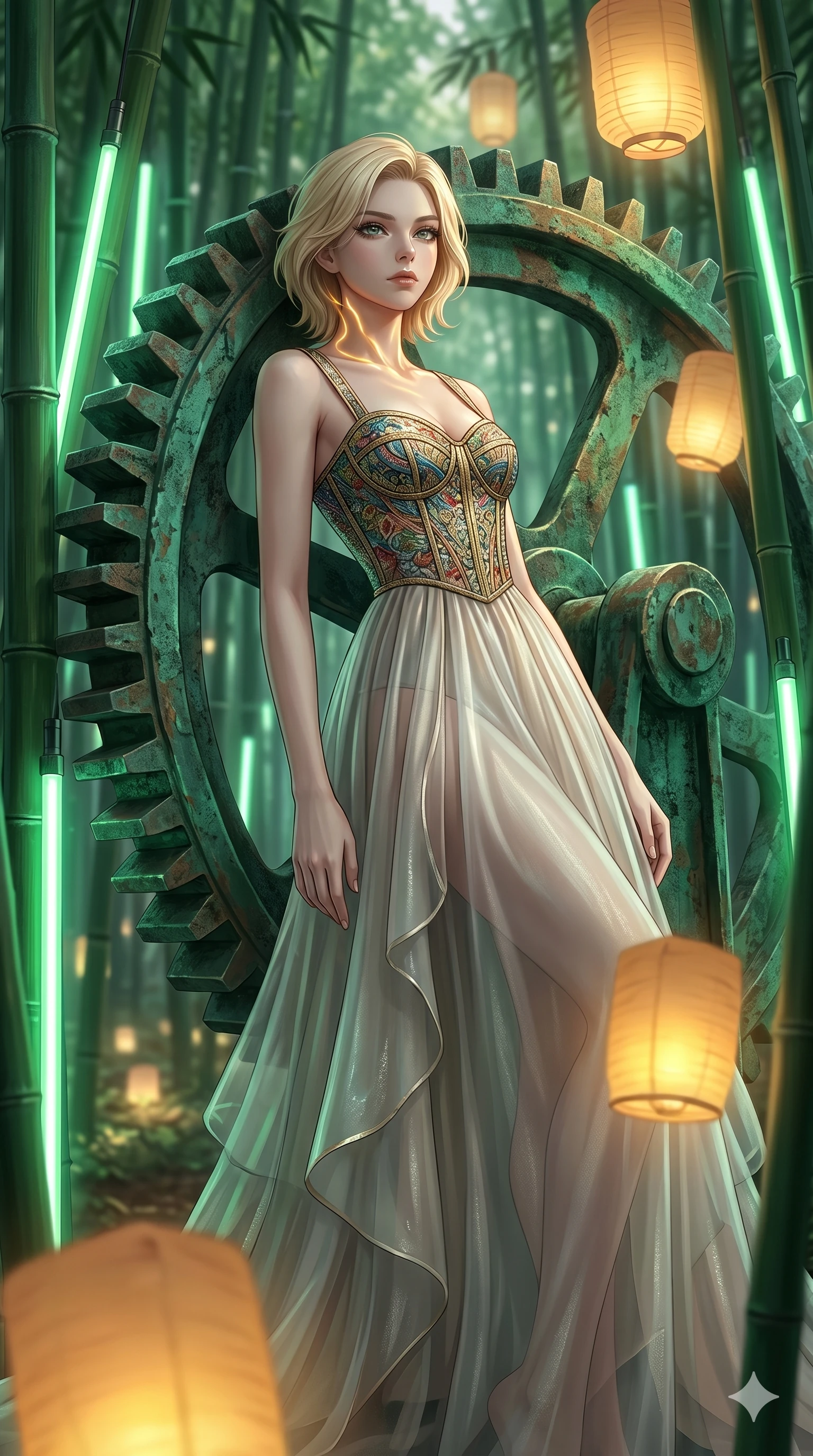 score_9, masterpiece, best quality, ultra-detailed, high-budget anime keyframe, editorial fashion photography, tasteful artistic composition, Caucasian woman, strictly human ears. cowboy shot from the thighs up, character and outfit filling the frame for maximum editorial presence. leaning against a giant gear wheel, looking past the camera with quiet, thoughtful intensity inside a bamboo forest with green light rods (Code-P17-181). She has an absolutely perfect 8-heads proportion, an exceptionally tall and slender female figure with impossibly long slender legs and an ultra-slim waist. V-shaped jawline, high-bridge nose, intricate jewel-like eyes with depth, thick eyelashes, glossy lips with a natural sheen. wearing a fine patterned embroidery structured bodice top paired with translucent skirt. warm golden light from the floating lanterns, tracing the elegant curves of her neck. 2k, ultra detail, master piece, 9:16 ratio