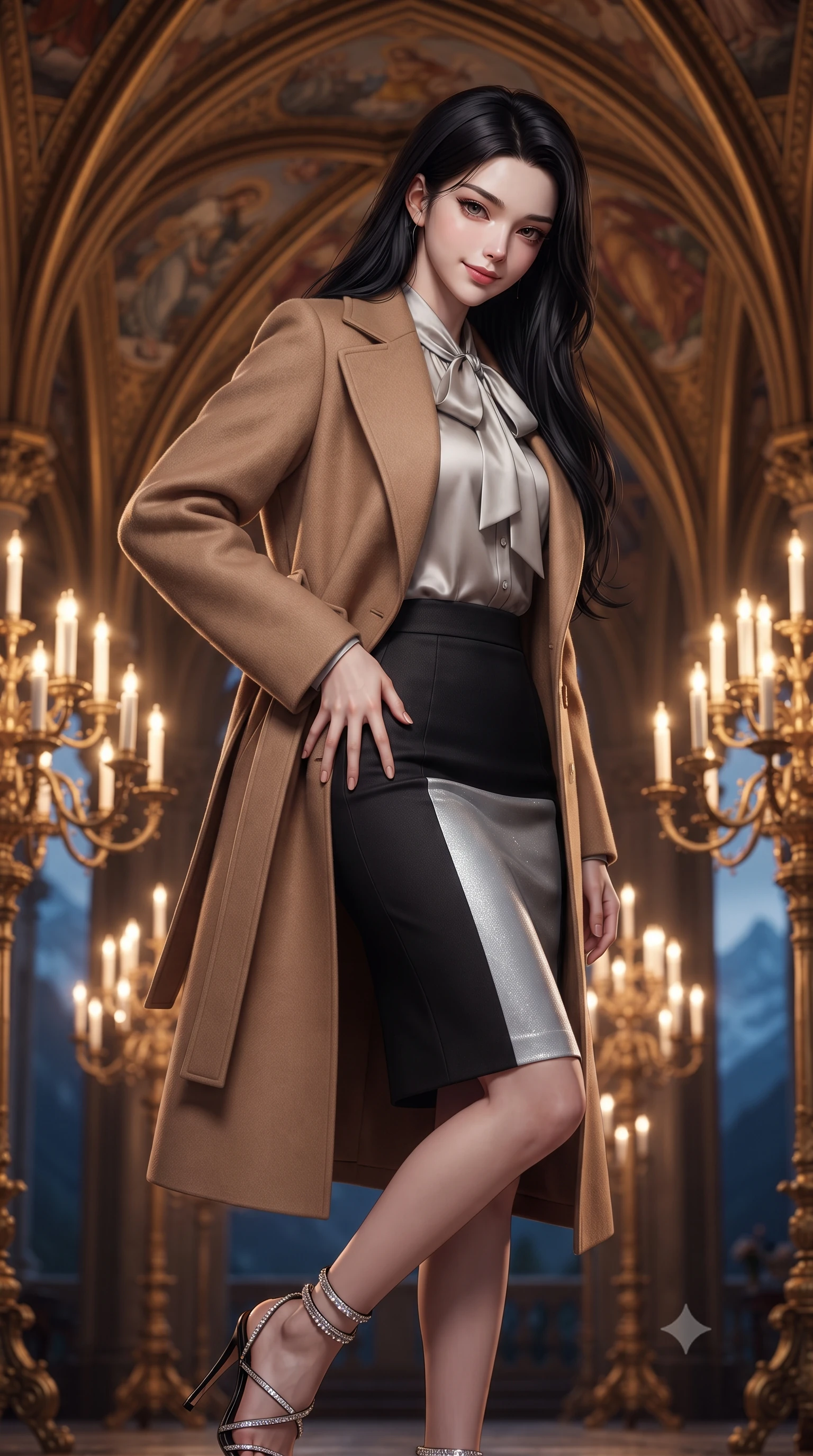 score_9, masterpiece, best quality, ultra-detailed, high-budget anime keyframe, editorial fashion photography, tasteful artistic composition, Korean woman. close-up cowboy shot from the waist and thighs up, the character dominates the composition, filling the frame with her large presence. tilting her head with a teasing half-smile, running one hand slowly down the side of her hip in a flirtatious S-curve as ambient light caresses her silhouette while standing poised beneath soaring gilded neo-Gothic arcade vaults decorated with Parsifal fresco murals, arching her lower back with regal fairy-tale queen charisma. The background shows a soft-focus elaborate gilded multi-branched brass candelabra chandeliers, medieval chivalric wall murals, and blue Alpine twilight peaks blurred into champagne, ruby, and cobalt bokeh. She has an exceptionally elegant, slender, and willowy female figure with an ultra-slim waist, flat toned midriff, narrow ribcage, and sculpted feminine hips creating an alluring, slim hourglass silhouette without bulk. sharp v-shaped jawline, high-bridge nose, intricate jewel-like sparkling eyes with depth, thick eyelashes, glossy parted lips with a natural peach sheen, bright cheerful beaming smile with an enchanting and coquettish sensual glint, exuding both youthful cute charm and seductive allure, flawlessly proportioned anatomical accuracy, strict slender model proportions, natural body alignment, perfectly sculpted long slender limbs, ultra-slim waistline, clean dynamic posture without body distortion. wearing a tailored double-faced camel cashmere wrap coat draped over a silk georgette bow-tie blouse and pencil skirt in Vik black sand obsidian and glacier crystal silver, crafted from bespoke double-faced cashmere with an exceptionally soft tactile finish, complemented by strappy stiletto sandals with crystal ankle wraps accentuating her slender calves, the impeccably tailored cut draping gracefully along her slender figure with aristocratic poise. bathed in the warm radiant 2500K golden illumination of hundreds of chandelier candle flames dimmed to an intimate royal evening glow. ultra-reflective glossy finish, specular highlights, rich textural contrasts, high-contrast stereoscopic depth, volumetric dynamic lighting, 2k, ultra detail, master piece, 9:16 ratio