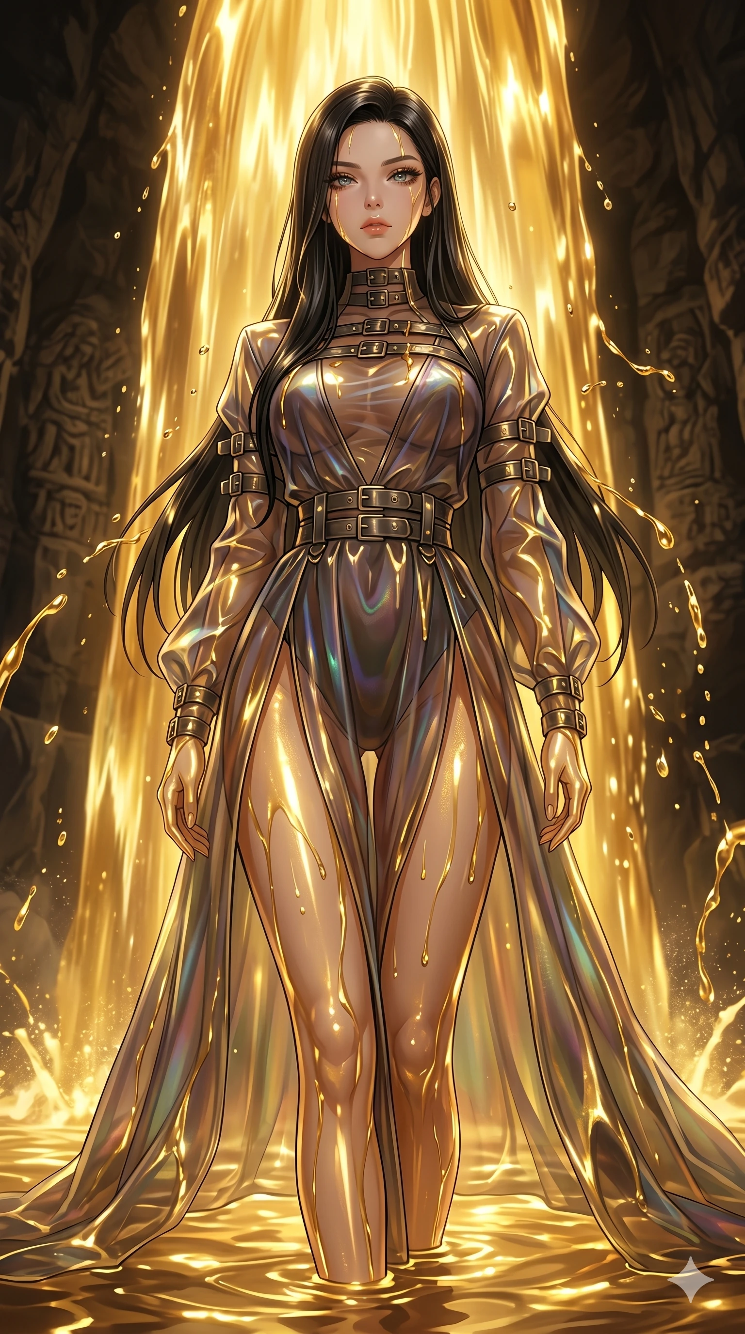 score_9, masterpiece, best quality, ultra-detailed, High-budget Anime Keyframe, East Asian woman. Low angle cowboy shot filling the entire 9:16 frame with her statuesque presence. Scenario 169: Standing under a waterfall of liquid gold, the fluid coating her form. Her presence is magnetic and overpowering in this high-budget anime scene. Outfit 169: A sheer organza sheer with a high-cut leg line and metallic buckles. The clothing is designed to emphasize her exceptionally tall and slender 8-heads proportion. 8-heads proportion, towering silhouette, ultra-slim waist. sharp v-shaped jawline, intricate jewel-like eyes with depth, thick eyelashes, glossy lips. 2k, ultra detail, master piece, 9:16 ratio