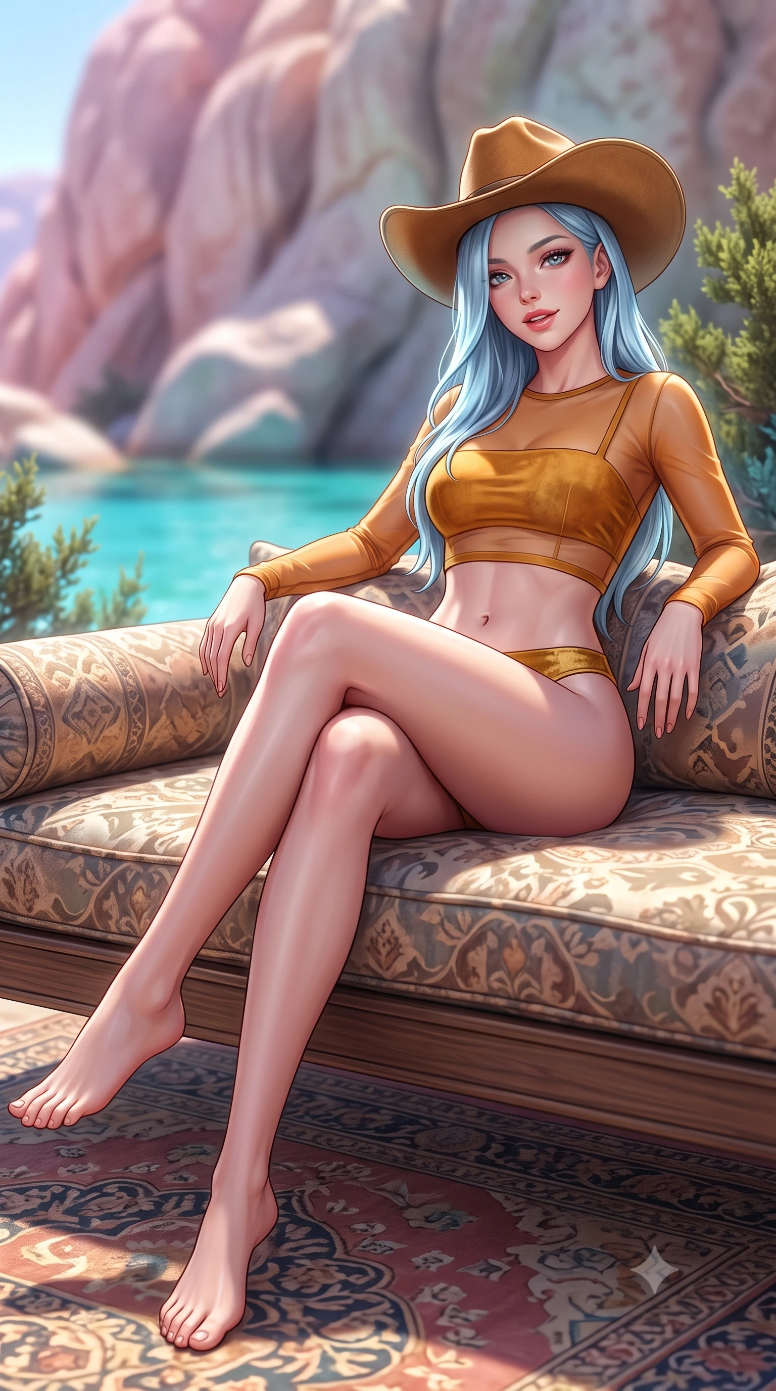 score_9, masterpiece, best quality, ultra-detailed, high-budget anime keyframe, semi-realistic 3D game render, editorial fashion photography, tasteful artistic composition, Korean woman. low angle full-body shot from head to toe showing her feet, filling the entire 9:16 vertical frame with her statuesque presence, stretching her vertical silhouette. lounging on the lavish daybed with legs crossed and hips angled toward the camera, displaying her toned midriff and long slender limbs with effortless siren poise while leaning against the warm granite rock face with hips cocked back, looking into the lens with an irresistible, parted-lip smile. The background shows a soft-focus surreal wind-carved granite rock formations, gin-clear turquoise lagoon, and wild juniper bushes blurred into rose-quartz, emerald, and azure bokeh. She has an absolutely perfect, statuesque 8.5-heads proportion, an exceptionally tall and slender model-like female figure with impossibly long slender legs, an ultra-slim waist, a flat toned midriff, narrow delicate ribcage, and beautifully sculpted feminine hips creating a graceful, slim hourglass silhouette without any bulky heaviness. sharp v-shaped jawline, high-bridge nose, sparkling eyes with hypnotic seductive depth, thick curled eyelashes, glossy parted lips with a natural dewy peach sheen, alluring bedroom-eyes with an enchanting coquettish smile, exuding magnetic siren charisma and sophisticated glamour, flawlessly proportioned anatomical accuracy, strict slender model proportions, natural body alignment, perfectly sculpted long slender limbs, ultra-slim waistline, clean dynamic posture without body distortion. wearing a sheer gossamer mesh long-sleeve rashguard crop top layered over an opaque strappy bandeau and low-waisted briefs in warm amber honey and antique gold leaf, tailored from ultra-soft distressed suede with velvety hand-feel and rich shadow depth, finished with a wide-brimmed felt cowboy hat tipped back to frame her face and long glossy hair, the precision-cut side openings and low-back scoop framing her graceful spine and the sensual sweep of her slim, toned hips. illuminated by lagoon water caustic bounce and sharp platinum rim lights defining her delicate clavicles, narrow waist, and curvy hips. highly saturated vibrant anime colors, detailed shading with soft gradients, rich glossy textures, high-contrast stereoscopic depth, volumetric dynamic lighting, master piece, 9:16 ratio
